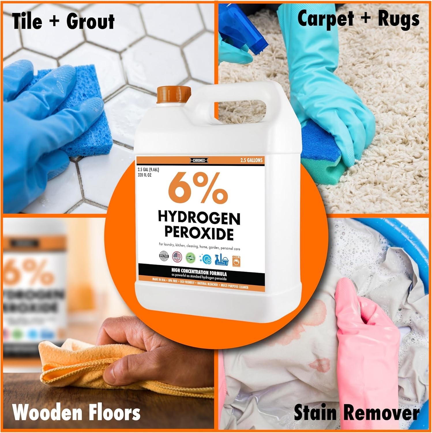 6% Hydrogen Peroxide, Food Grade, Home, Kitchen, Bath Cleaner – 2.5×2 Gallons