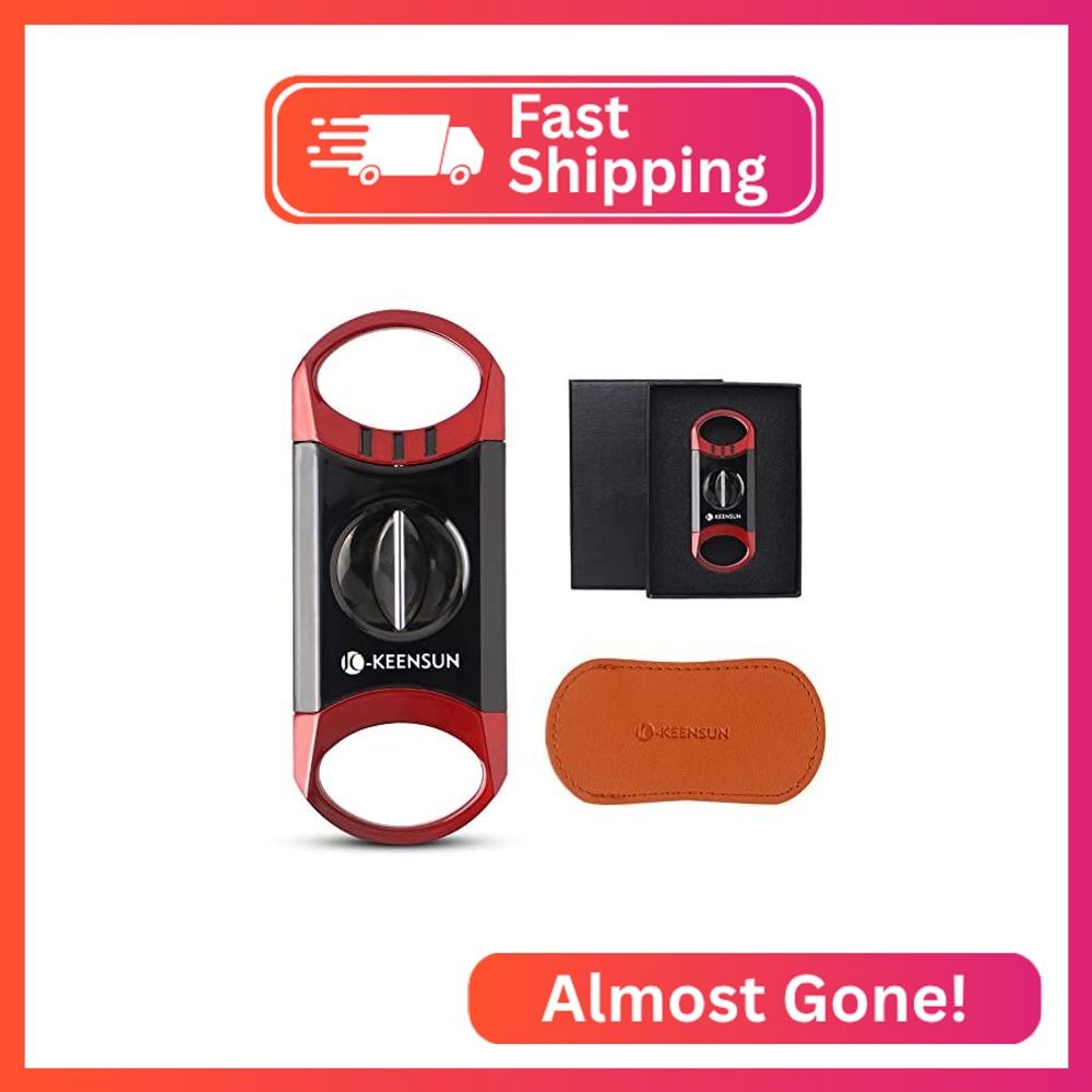 KEENSUN Zinc Alloy V-Cut Cigar Cutter (Red and Black), 60 Ring Gauge, 420J2 Stai