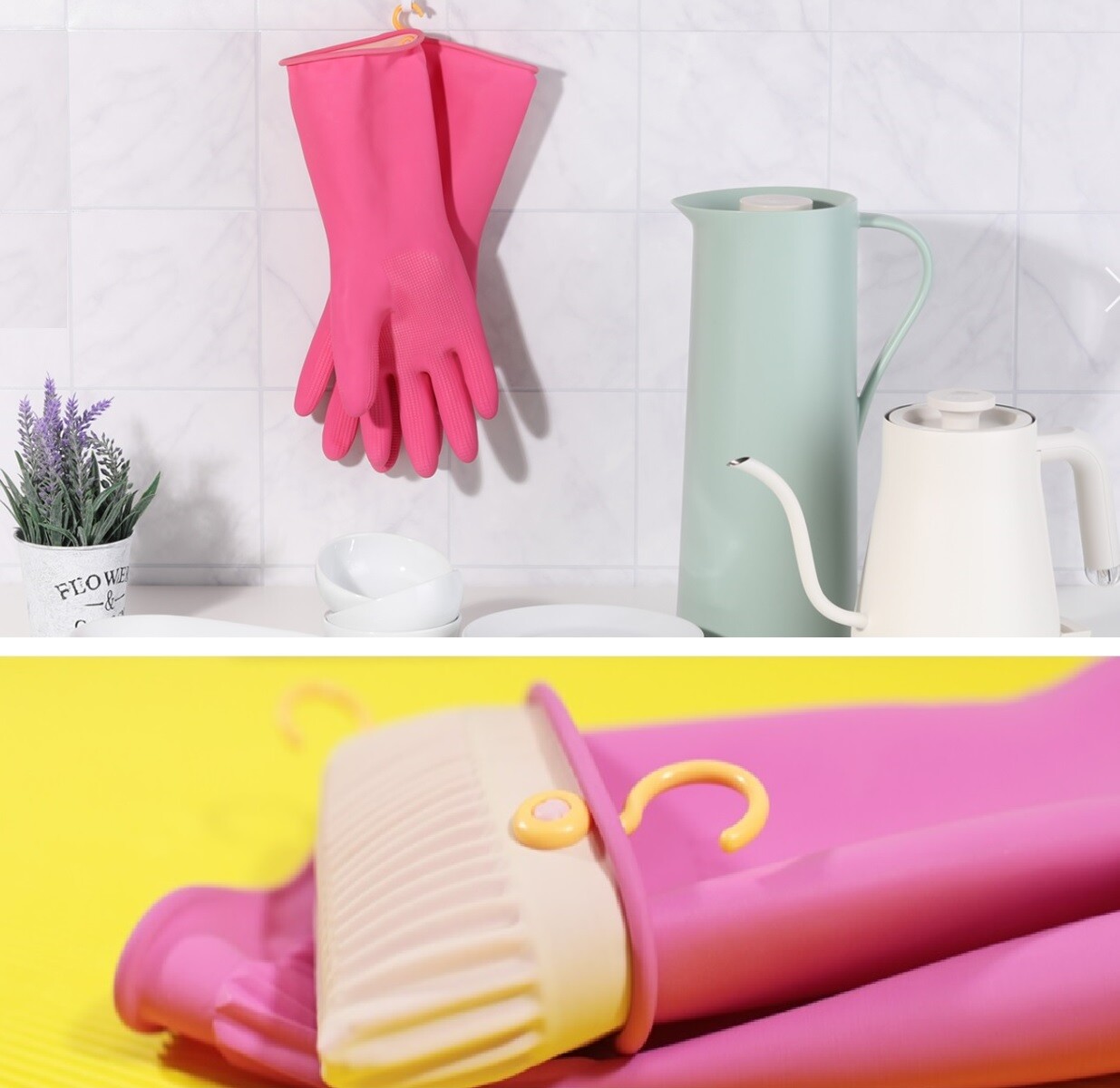 Hanging Dry Hook Dishwashing Cleaning Kitchen Latex Rubber Gloves (S/M/L/XL)