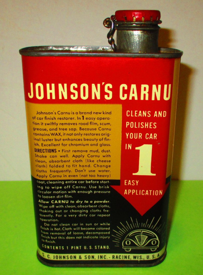 ORIGINAL COPYRIGHTED 1938 NEAR FULL TIN CAN OF JOHNSON’S CARNU BY JOHNSON’S WAX