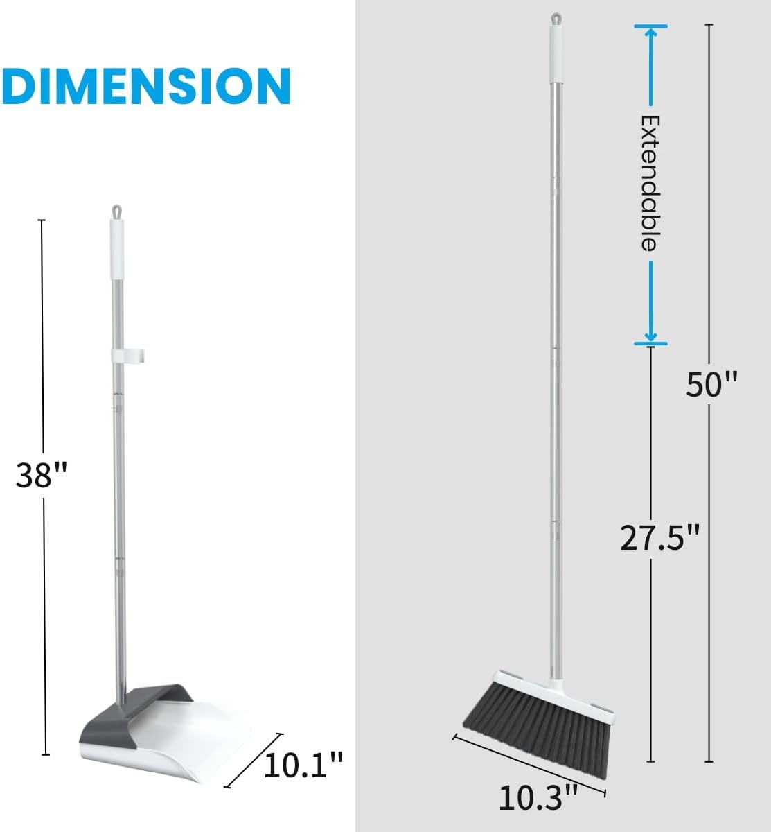 Stand Up Dustpan and Broom Set 50” Long Handle Broom with Dust Pan, 20°