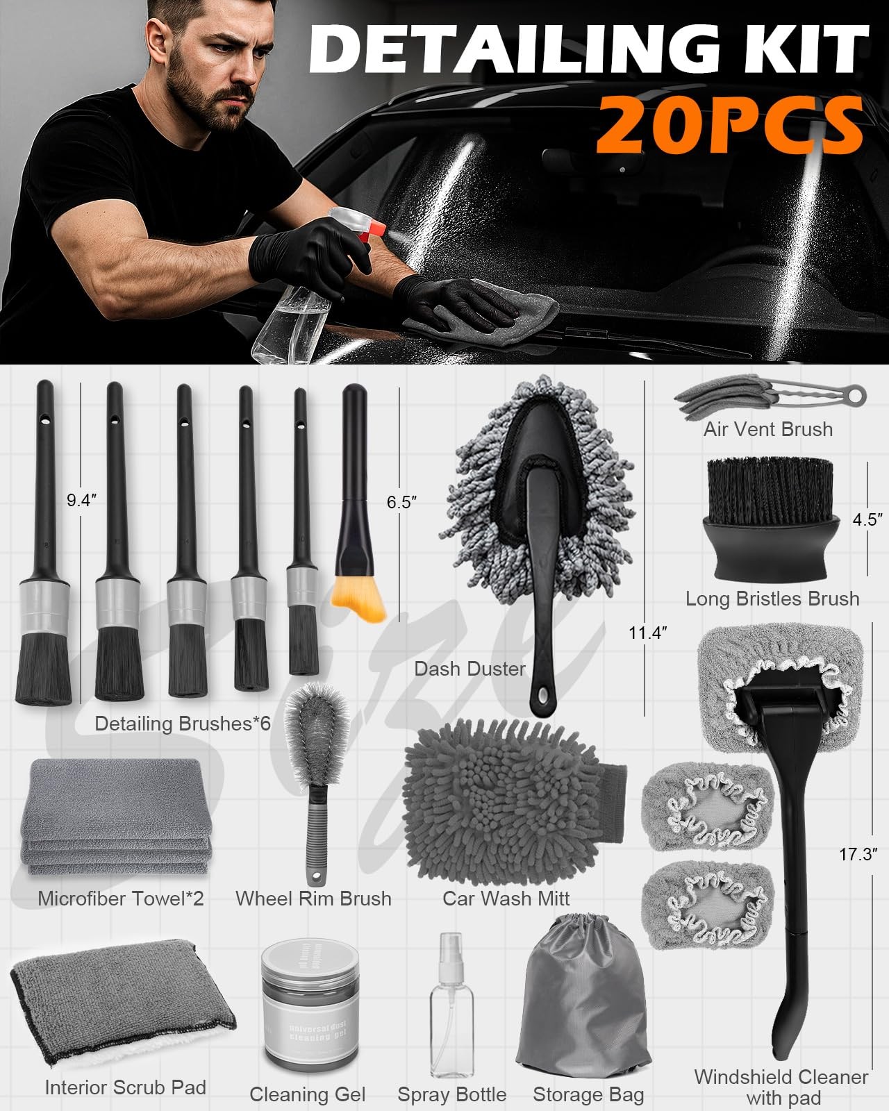 20Pcs Windshield Cleaner Tool – Car Interior Detailing Brush Kit with 200g Cl…