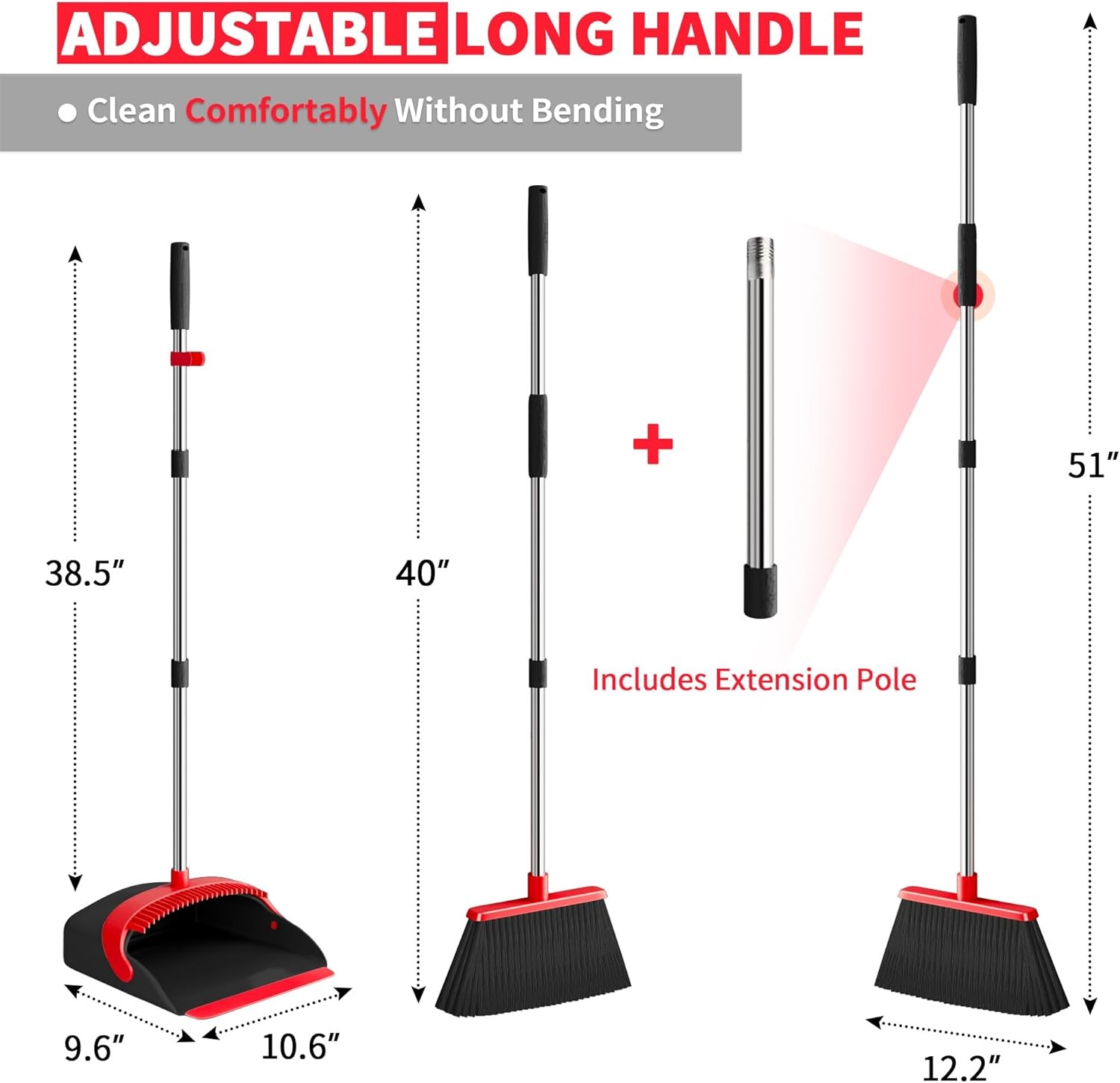 Upgraded Broom and Dustpan Set, Long Handle Standing bo with