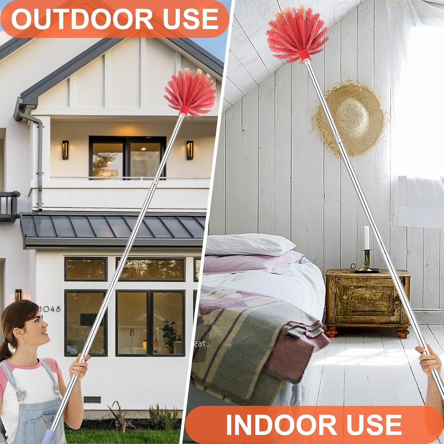Cobweb Duster with Extension Pole, 59″ Adjustable Stainless Steel Pole, Washable