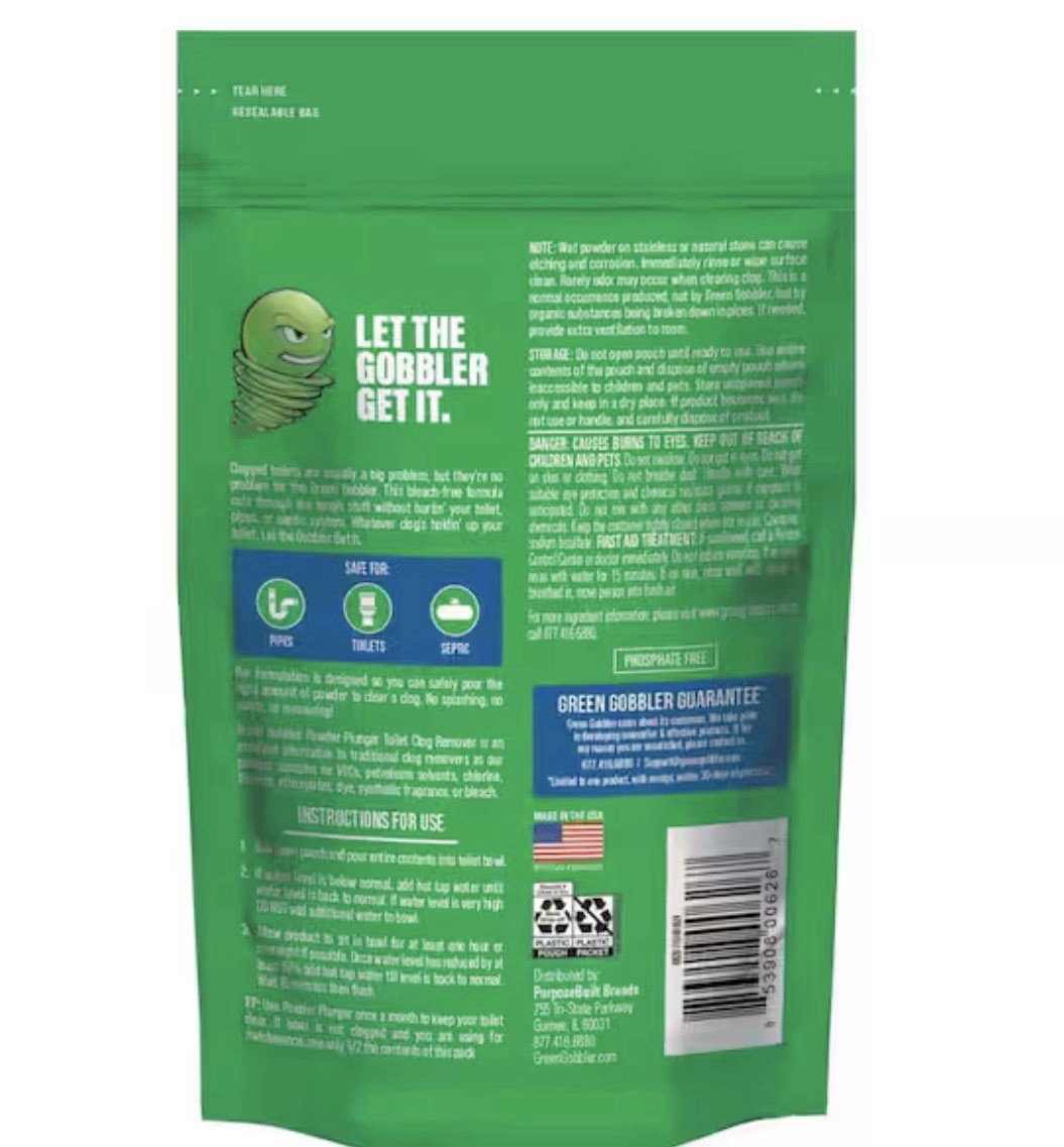 Green Gobbler Powder Toilet Clog Remover Bleach-Free Safe Pipes Septic 1.03 lbs