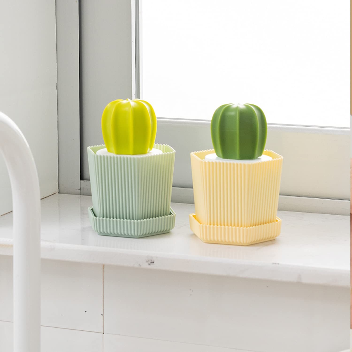 Cactus Mini Dish Brush Set with Drip Tray (3 Brushes), Durable Kitchen Cleani…