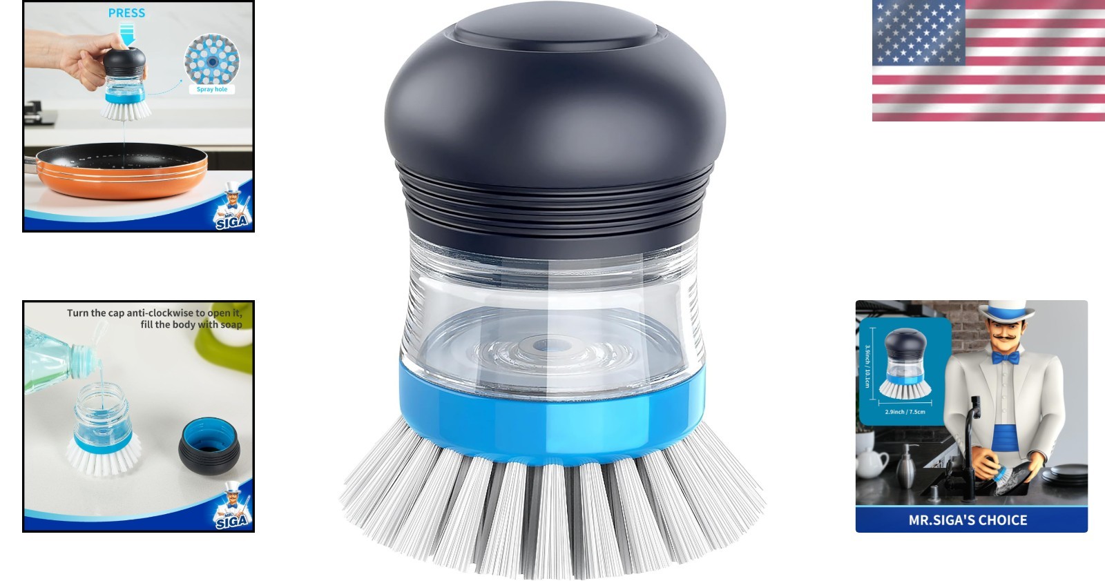 Soap Dispensing Palm Brush Kitchen Dish Scrubber for Pot Sink Cleaning Navy