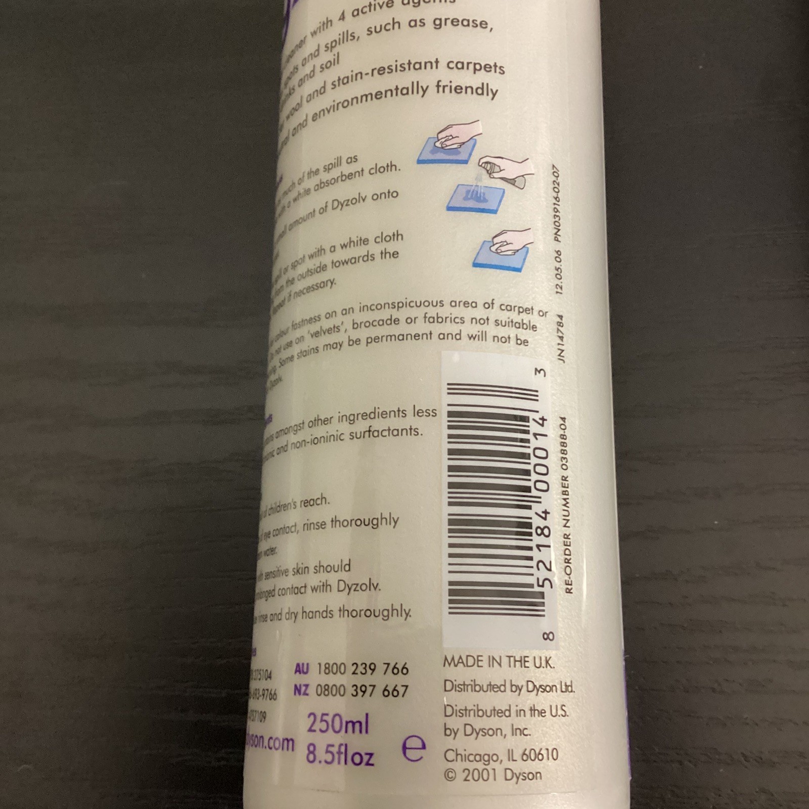 Dyson Dyzolv Spot Cleaner 8.5 oz Bottle For Carpets And Rugs Wool Safe 2001 New!