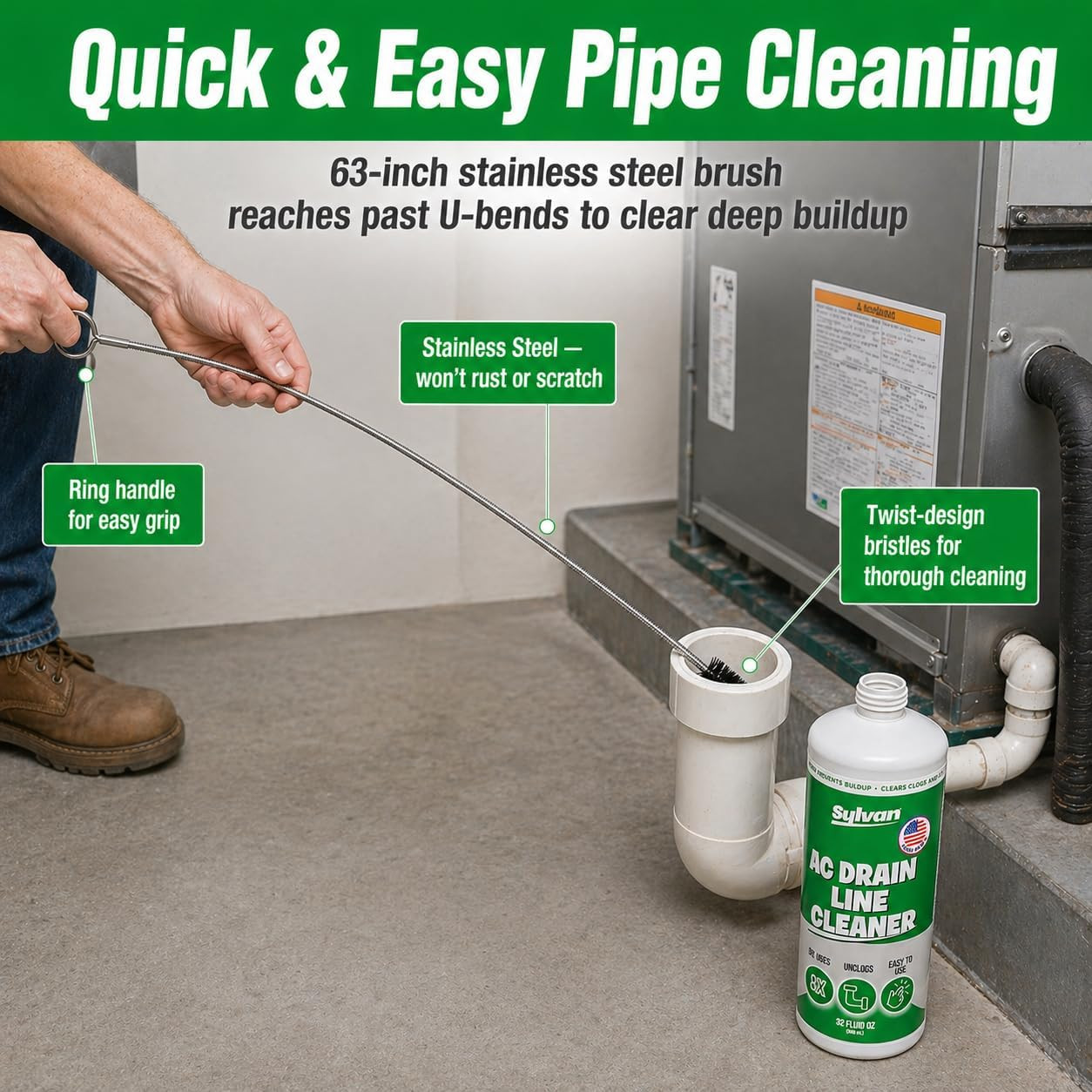 AC Drain Line Cleaner | Free Drain Brush | 32 Oz | 12 Month Supply | US Made | U
