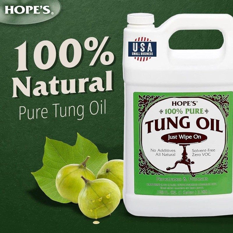 Pure Tung Oil, Food Safe, Premium Waterproof Natural Wood Finish and Sealer