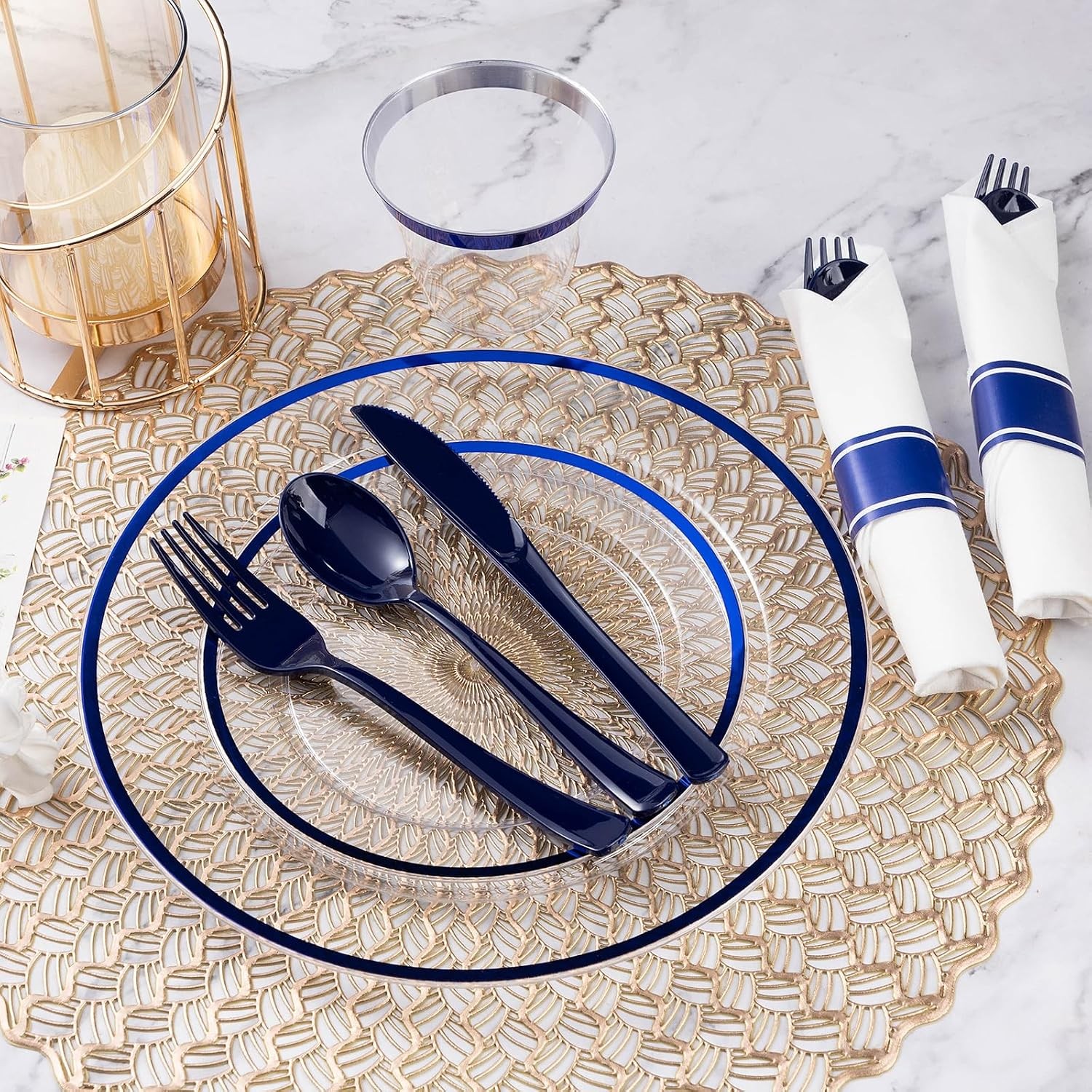 Goodluck 350 Piece Dark Blue Plastic Dinnerware Set for Party, Clear Disposabl