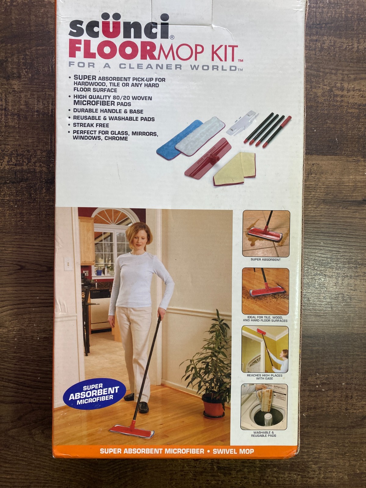 Scunci Floor Mop Kit – Micro Fiber Washable Pads Swivel Mop – NOS