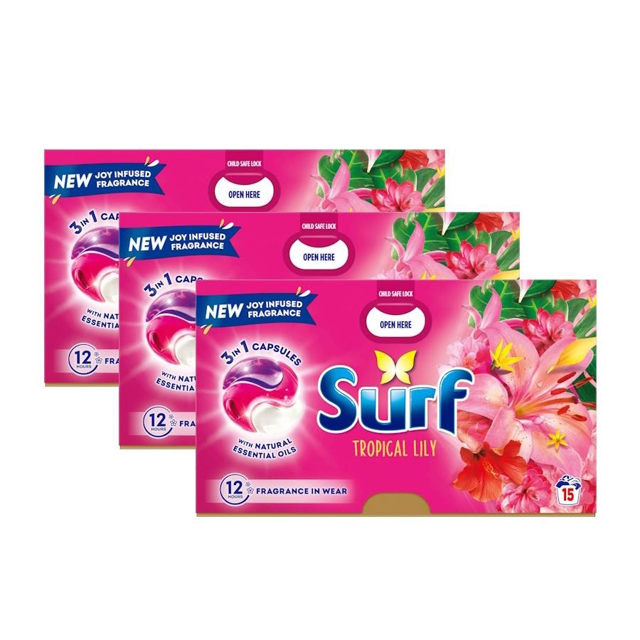 Surf 3 in 1 Laundry Capsules – Tropical & Ylang Ylang 15 Washes (3 Pack)