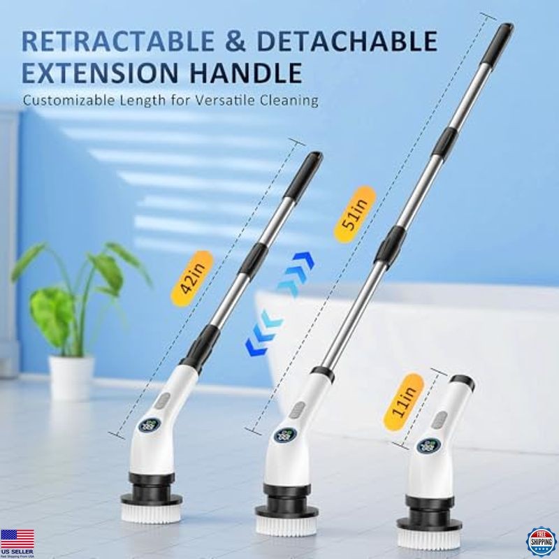 Electric Spin Scrubber with Long Handle, 7 Brush Heads, Waterproof, 2 Speeds