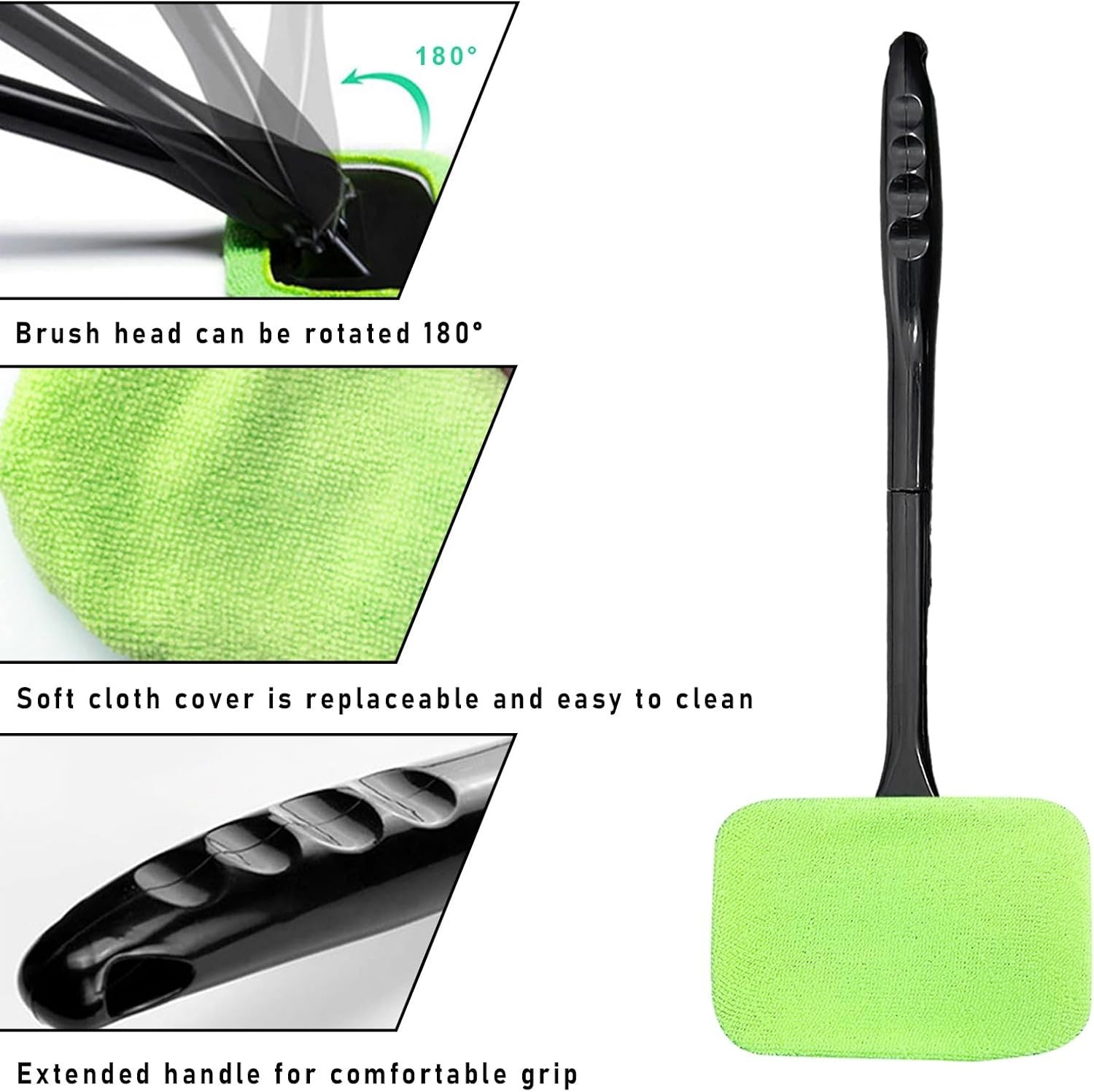 Car Glass Cleaning Tools with Washable & Reusable Microfiber Pads Anti-Fog Brush