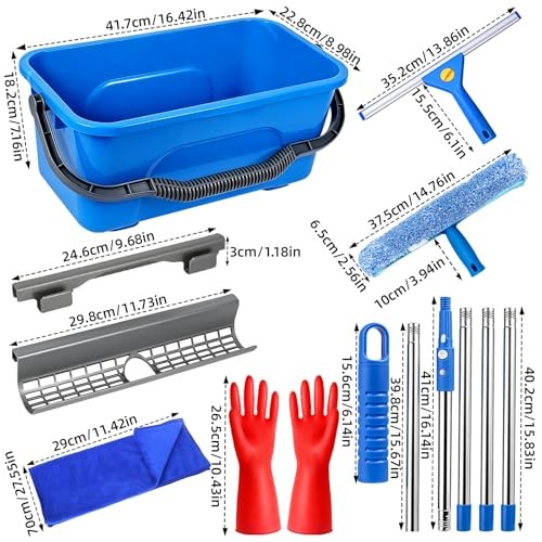 Window Cleaning Kit with 3 Gal Bucket – 14” Window Squeegee&15” Scrubber&76”