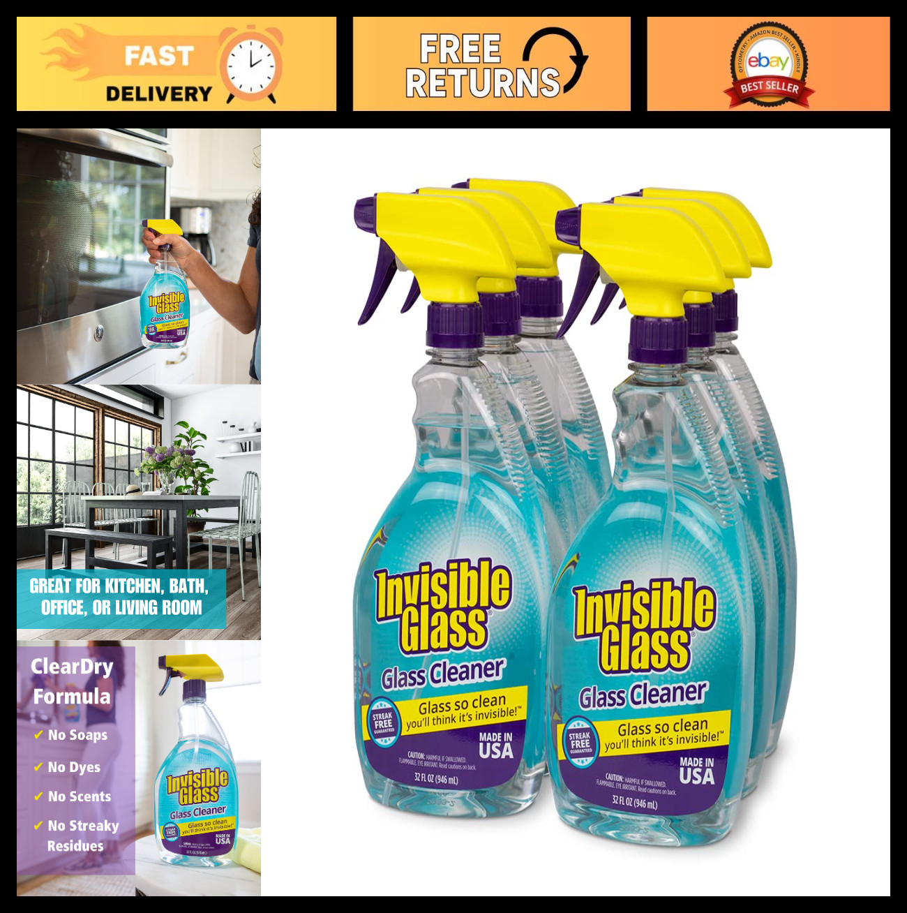 Premium Streak-Free Glass & Window Cleaner Spray – Ammonia-Free, Tint-Safe, 32oz