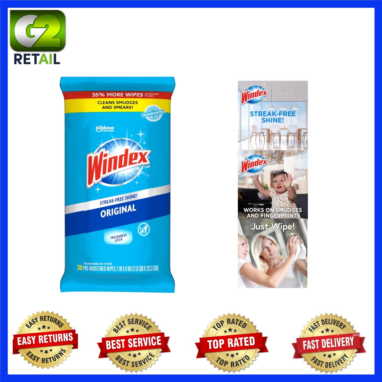 Fresh Scent Biodegradable Glass Wipes – 38 Count Pack for Easy Surface Cleaning