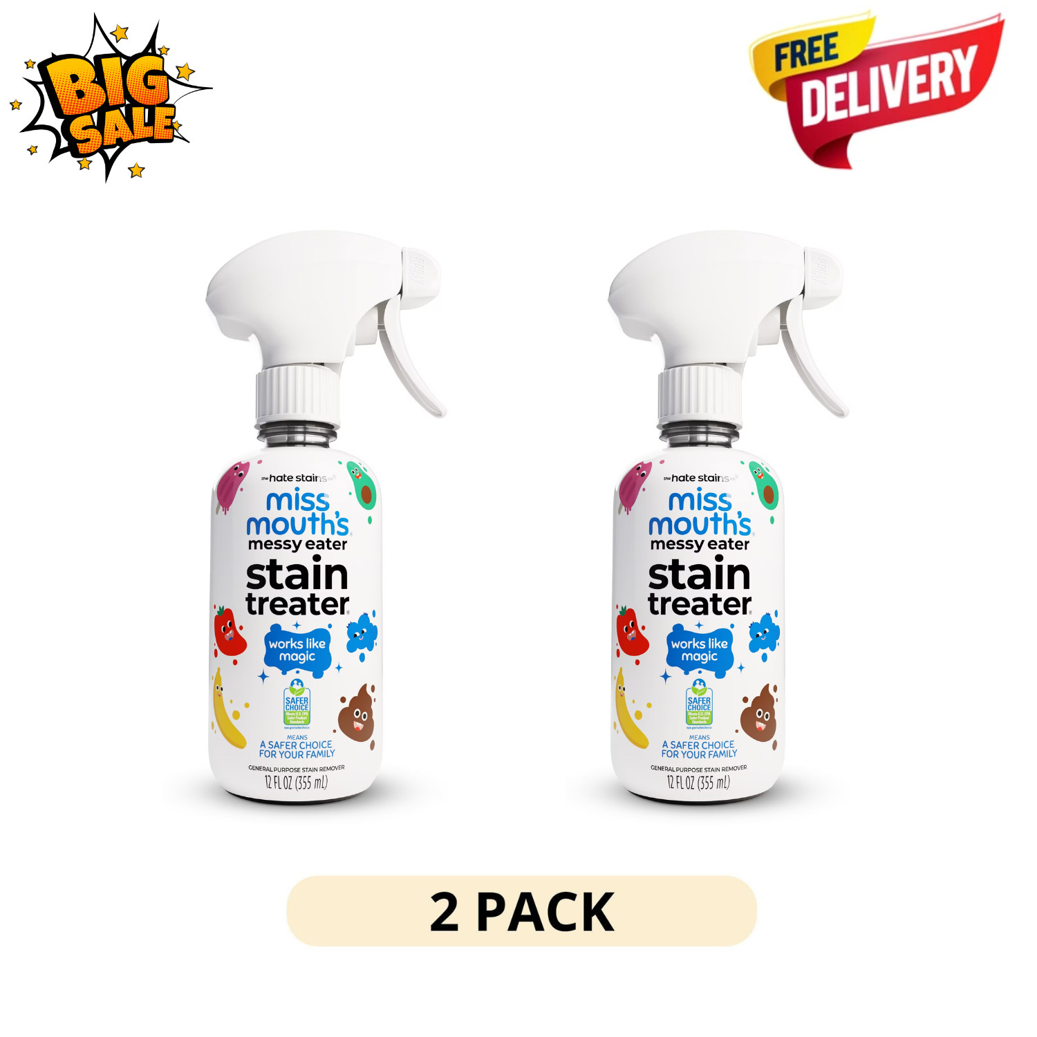 2 Pack Miss Mouths Messy Eater Stain Treater Spray 12oz Baby Kids Laundry Remove
