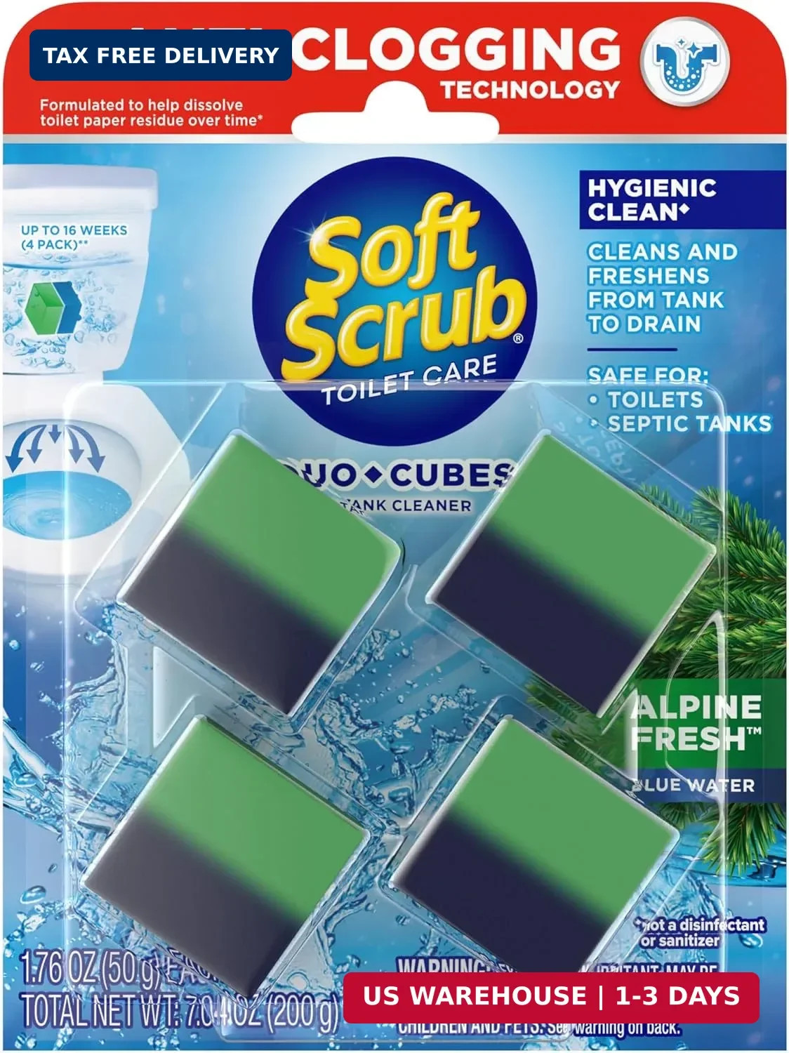 Soft Scrub in-Tank Toilet Cleaner Duo-Cubes, Alpine Fresh, 4Count