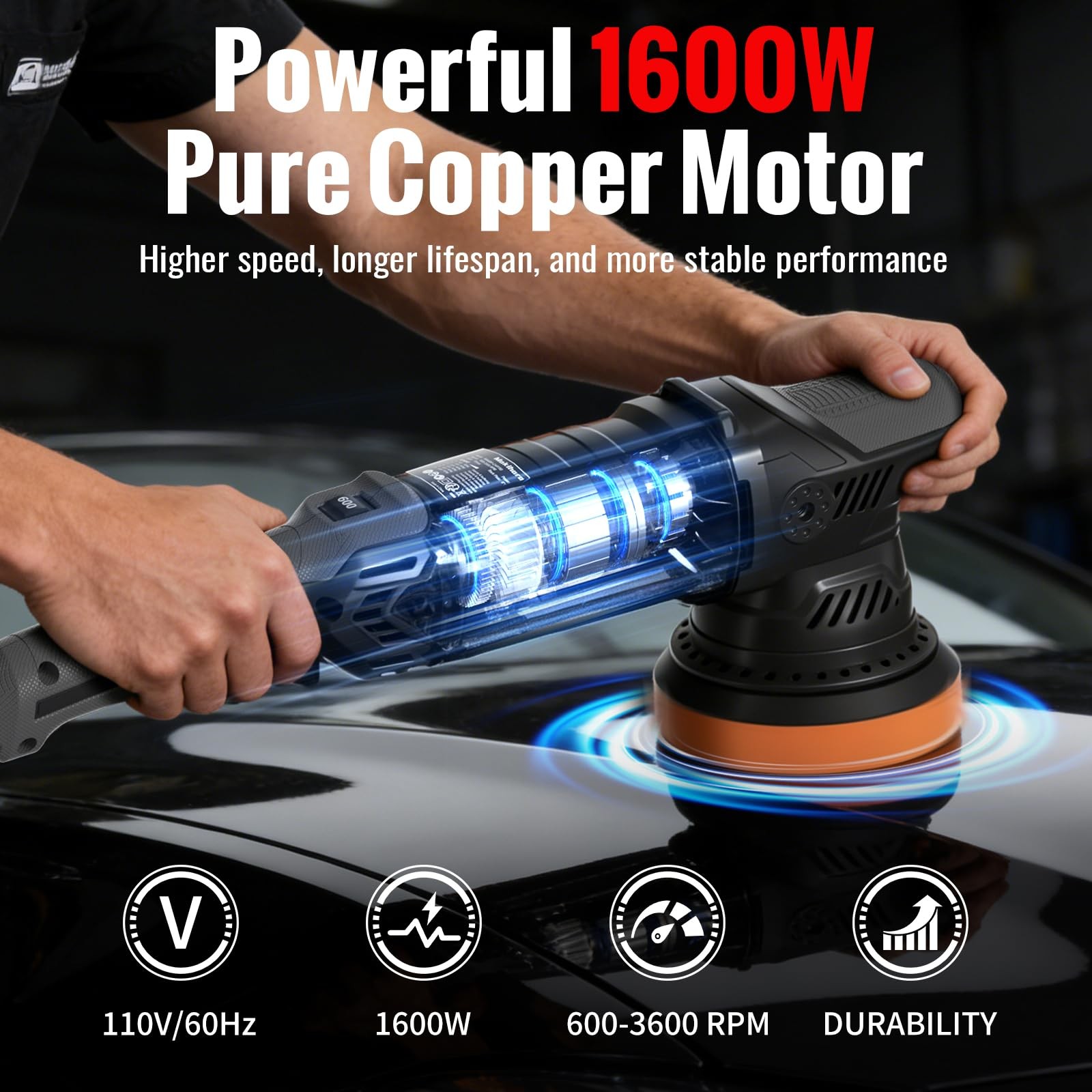 Car Buffer Polisher, 5 Inch Random Orbital Car Polisher, 1600W 6 Variable Spe…