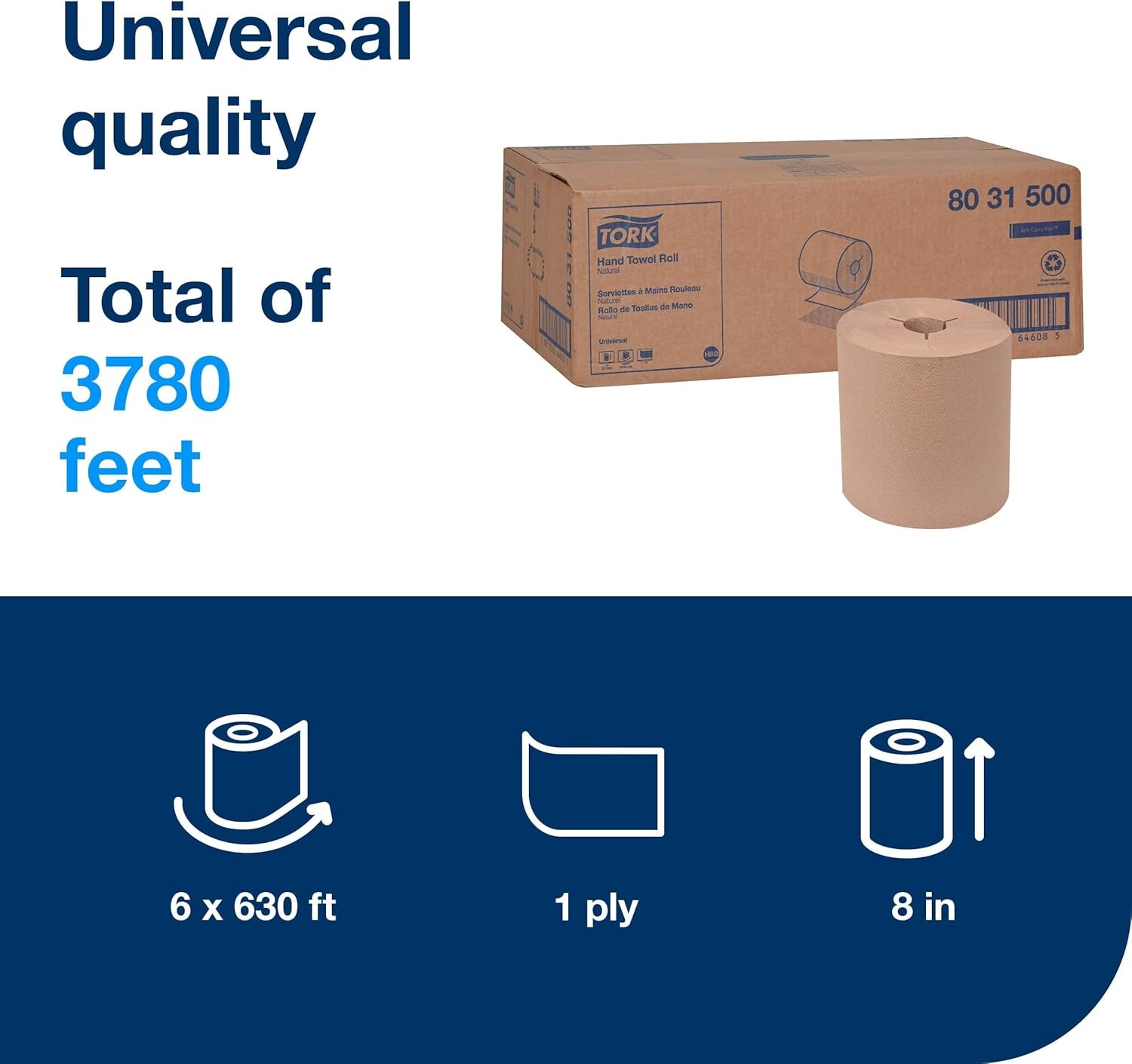 Tork Hand Towel Roll, Natural, Universal, H80, 100% Recycled, 1-Ply, 6 Rolls x