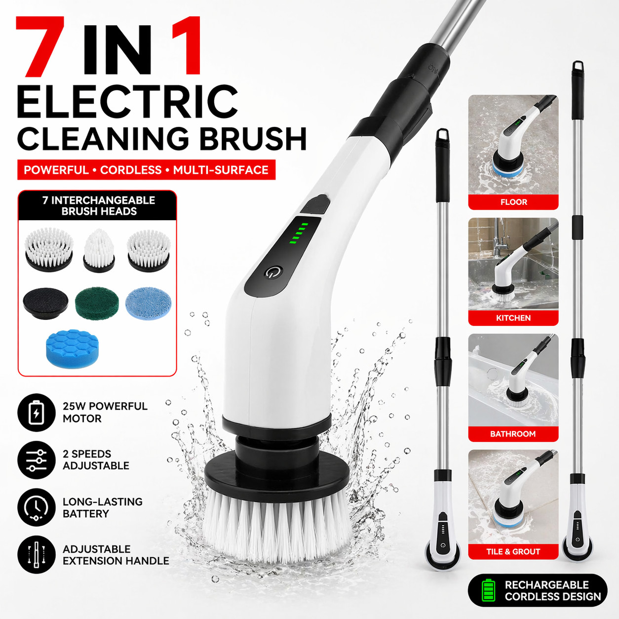 7 in 1 Electric Cleaning Brush Cordless Scrubber Kit 25W Adjustable Handle