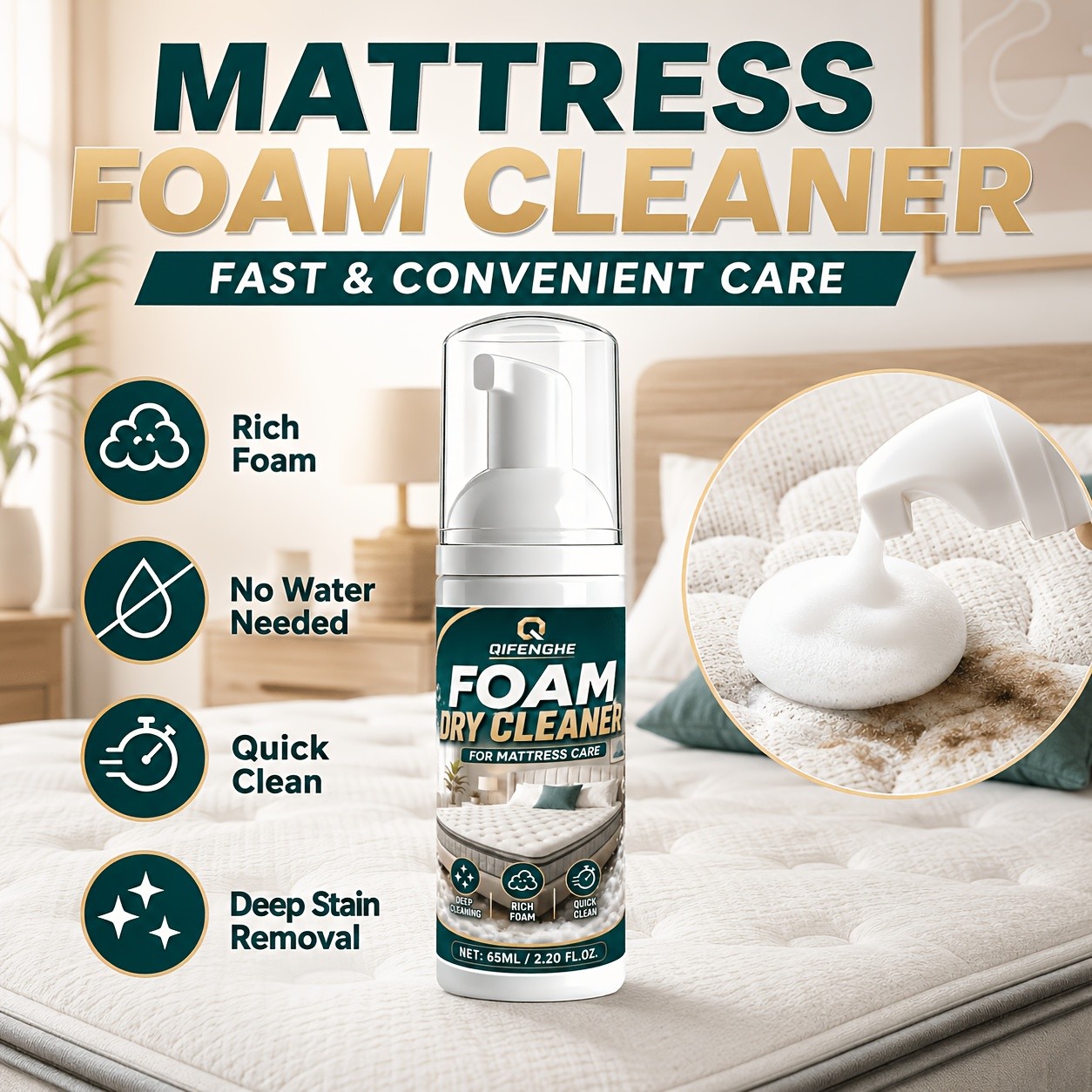 Mattress Foam Dry Cleaner, No Water Needed Deep Stain Remover for Mattress And F