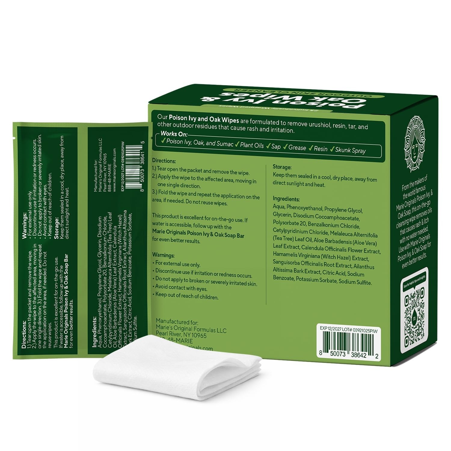 Marie Originals Poison Ivy & Oak Wipes – Urushiol Removal, No Water, 25 Wipes
