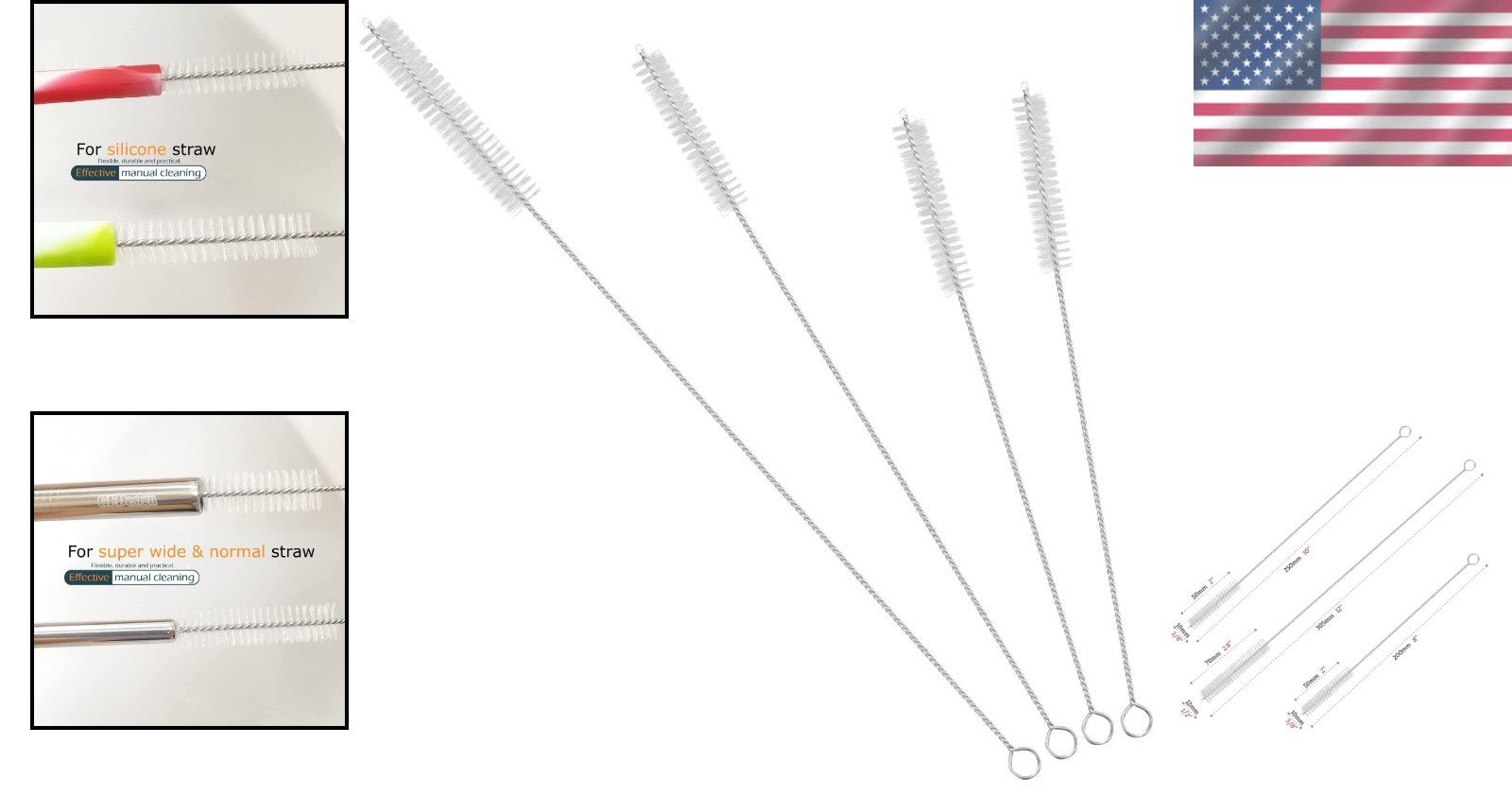 Dishwasher Safe Straw Brushes Set – 4 Durable Nylon & Steel Cleaners in 3 Sizes