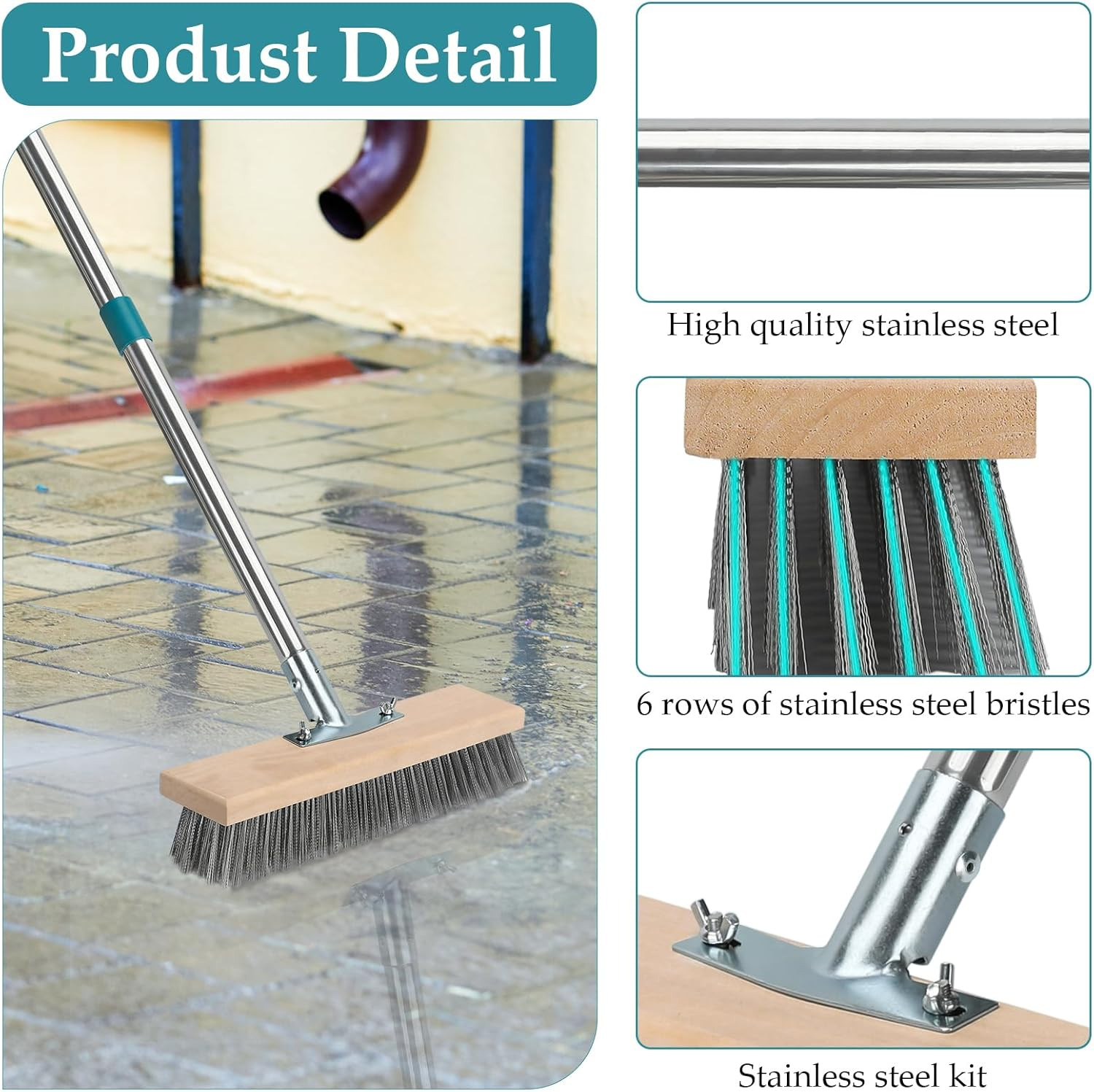 Stainless Steel Deck Scrub Brush with Long Handle, Outdoor Broom for Concrete, D