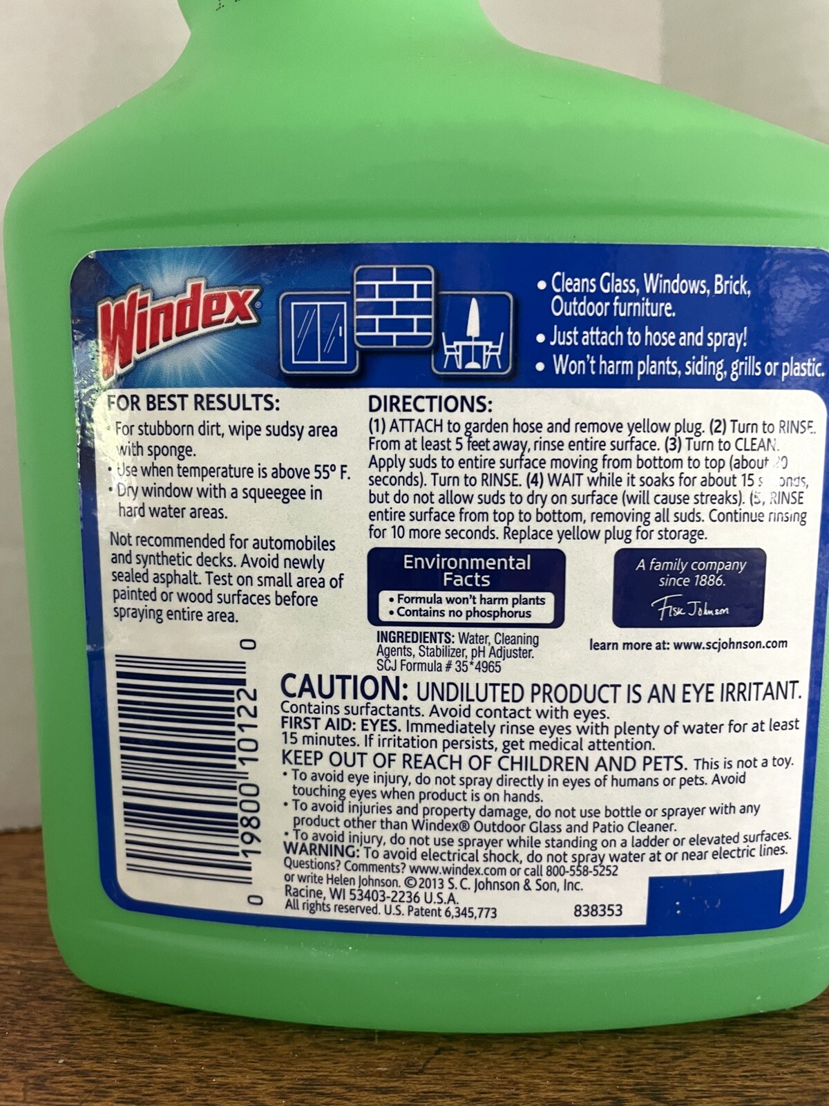 Windex OUTDOOR Glass Patio Cleaner 32 oz. Hose Spray Streak-Free Shine 2013