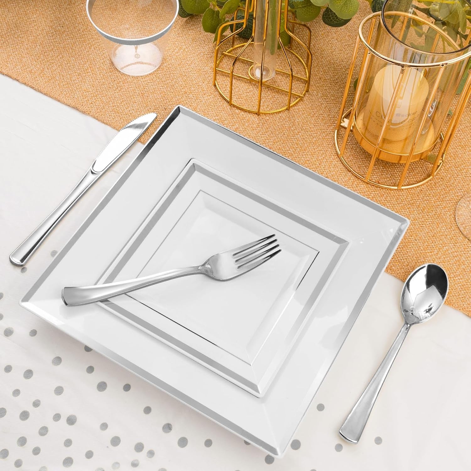 Goodluck 352 Pieces Silver Dinnerware Set for 50 Guests, Square Plastic Plates