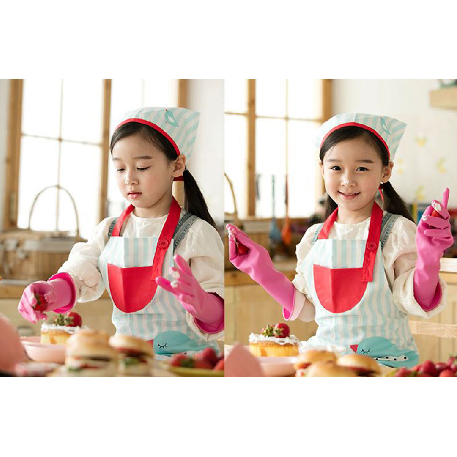 KIDS Rubber Gloves Pink Children Dishwashing Cleaning Play Kitchen School 1 Set