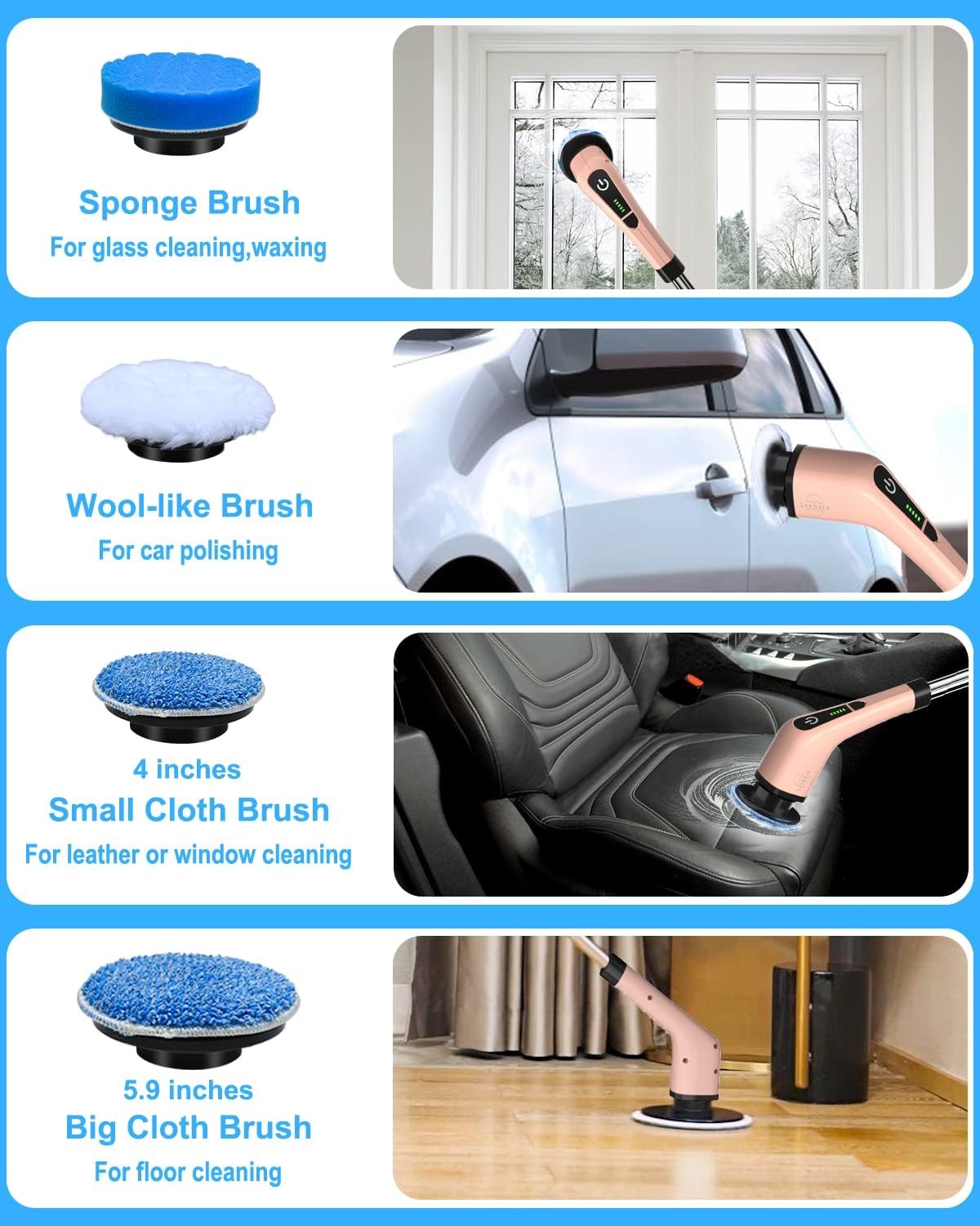 Leebein Rose Cordless Spin Scrubber Long Handle 8 Head
