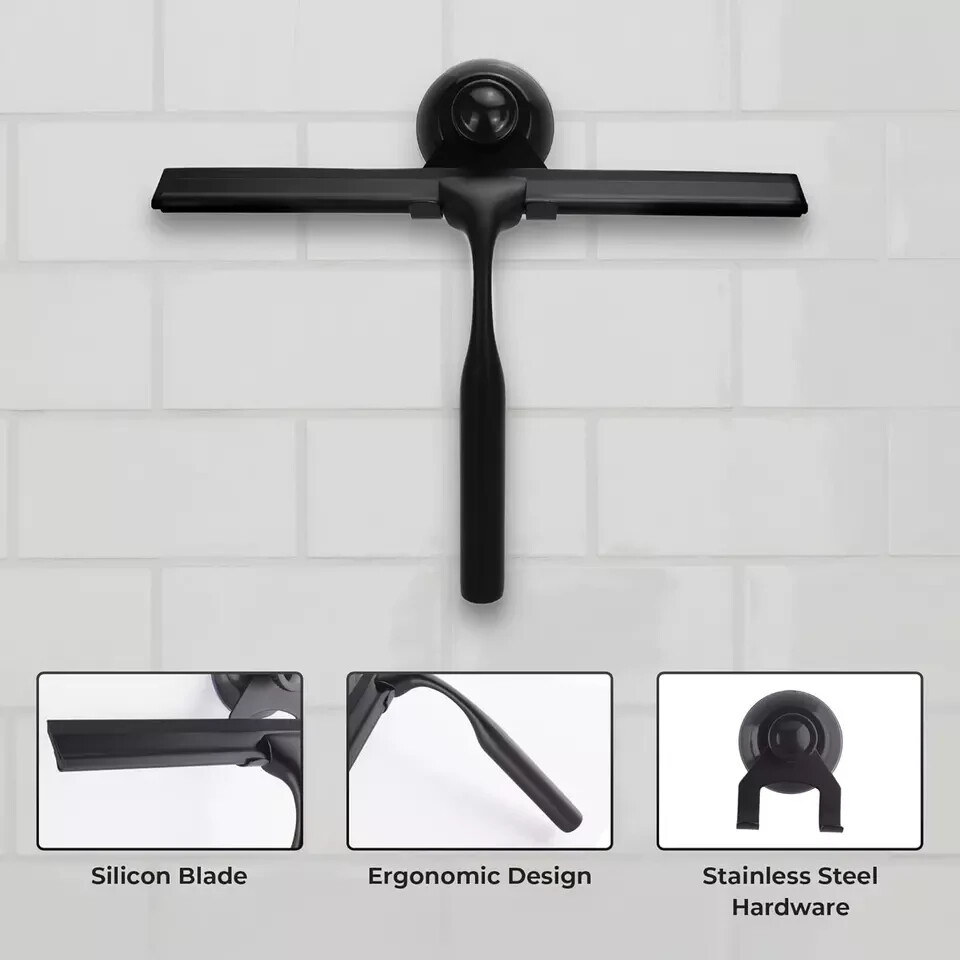 Matte Black Shower Squeegee for Glass Doors with Adhesive Hooks, Squeegee for Sh