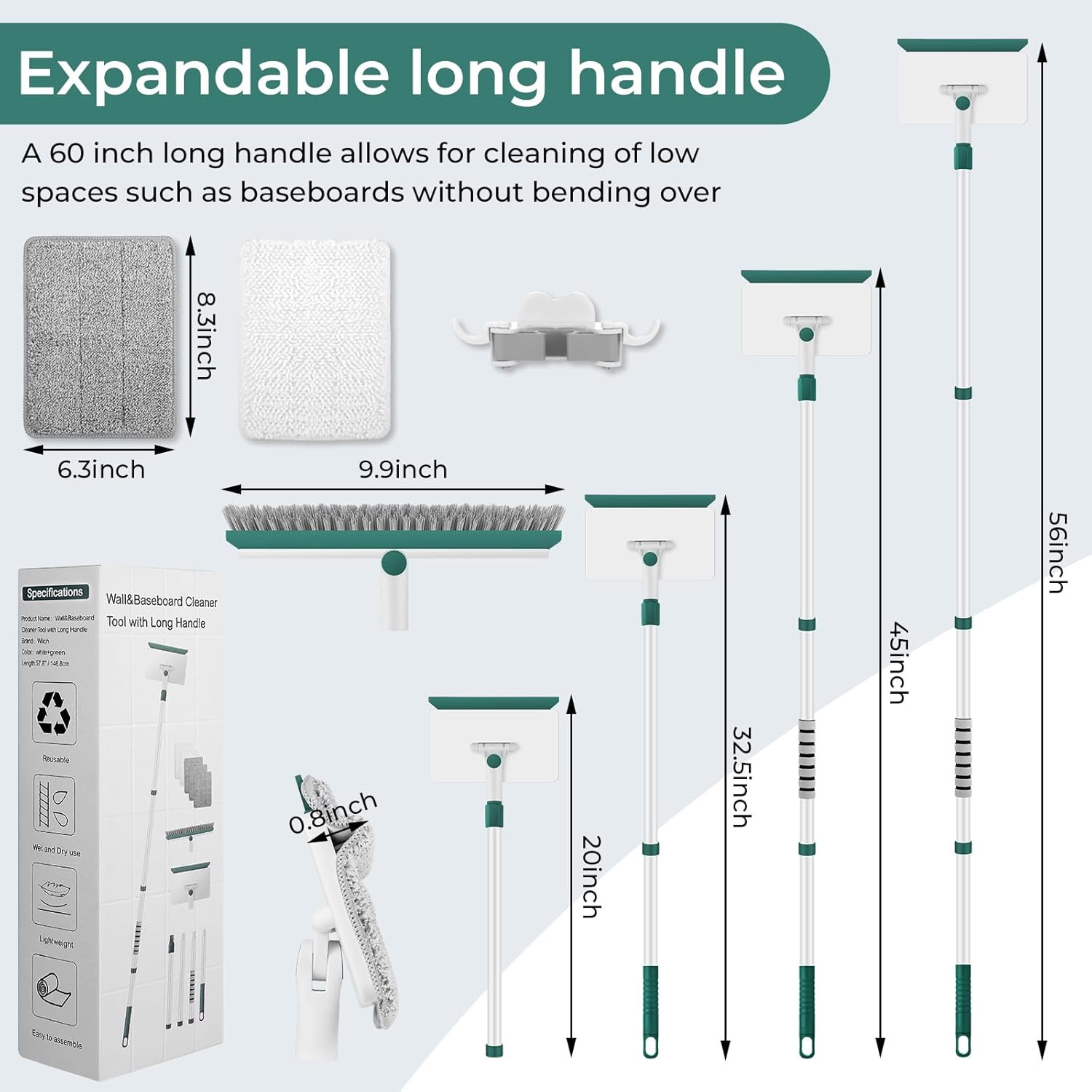 Baseboard Cleaner Tool with Handle, 60″ Extendable Long Handle Baseboard Cleaner
