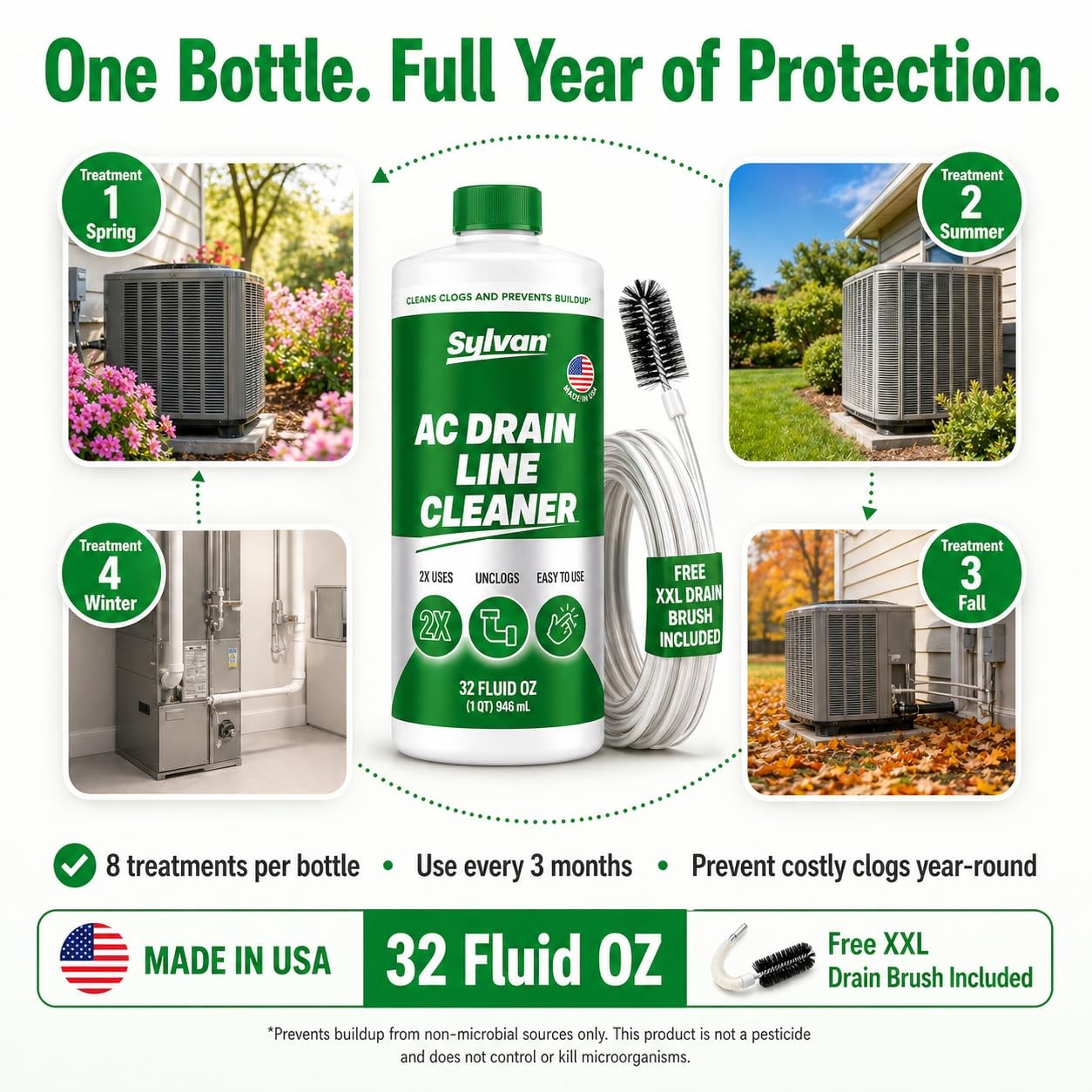 AC Drain Line Cleaner 32 Oz 12 Month Supply | Drain Brush