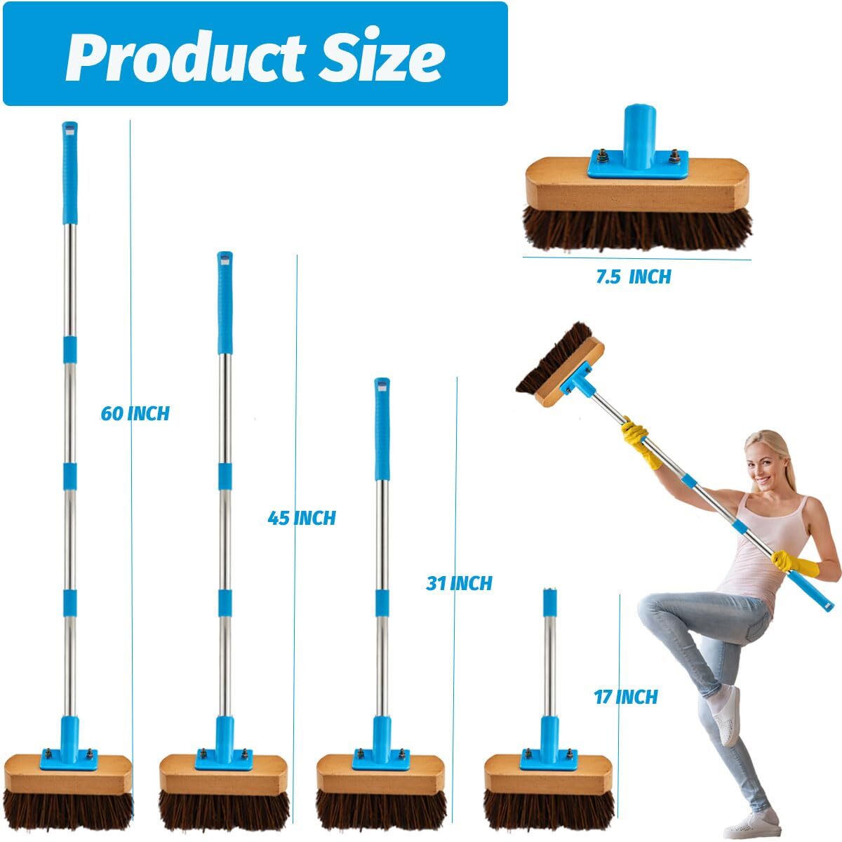 Heavy Duty Deck Brush With Long Handle 60″ Floor Scrub Brush With Stiff Natural