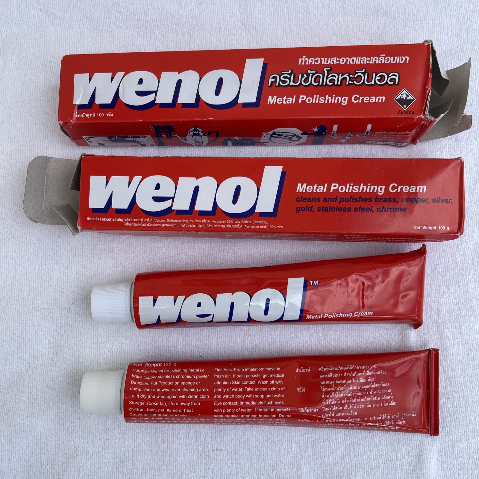 Lot of 2 Wenol Red Metal Polish 100g Tubes Brass Copper Chrome Stainless Steel