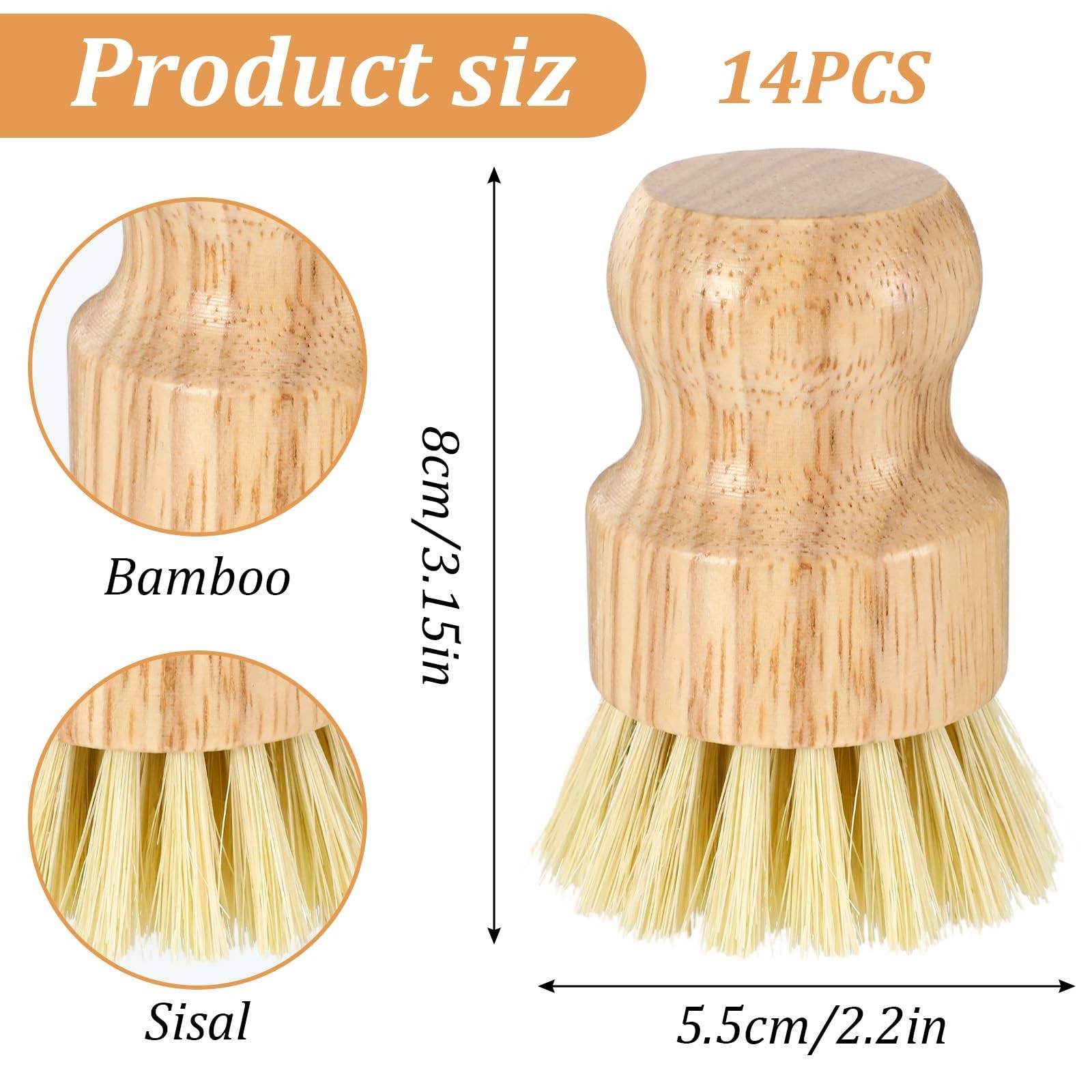 14 Pack Bamboo Dish Brush Set Natural Sisal Scrub Brushes for Pots Pans Sinks…