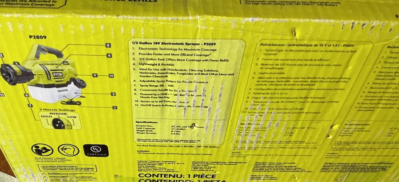 RYOBI 18V Cordless Electrostatic 0.5 Gal. Sprayer P2809 Tool Only