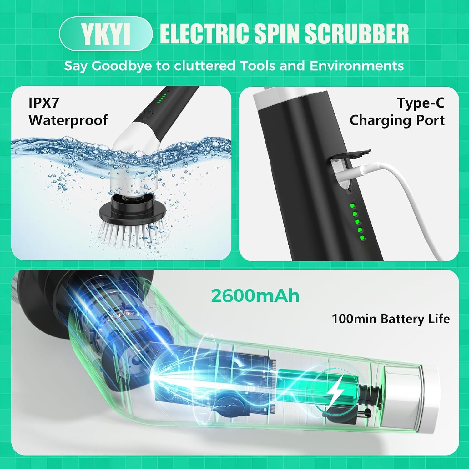 CORDLESS ELECTRIC SPIN SCRUBBER Rechargeable Power Tool 8 Cleaning Brush Heads