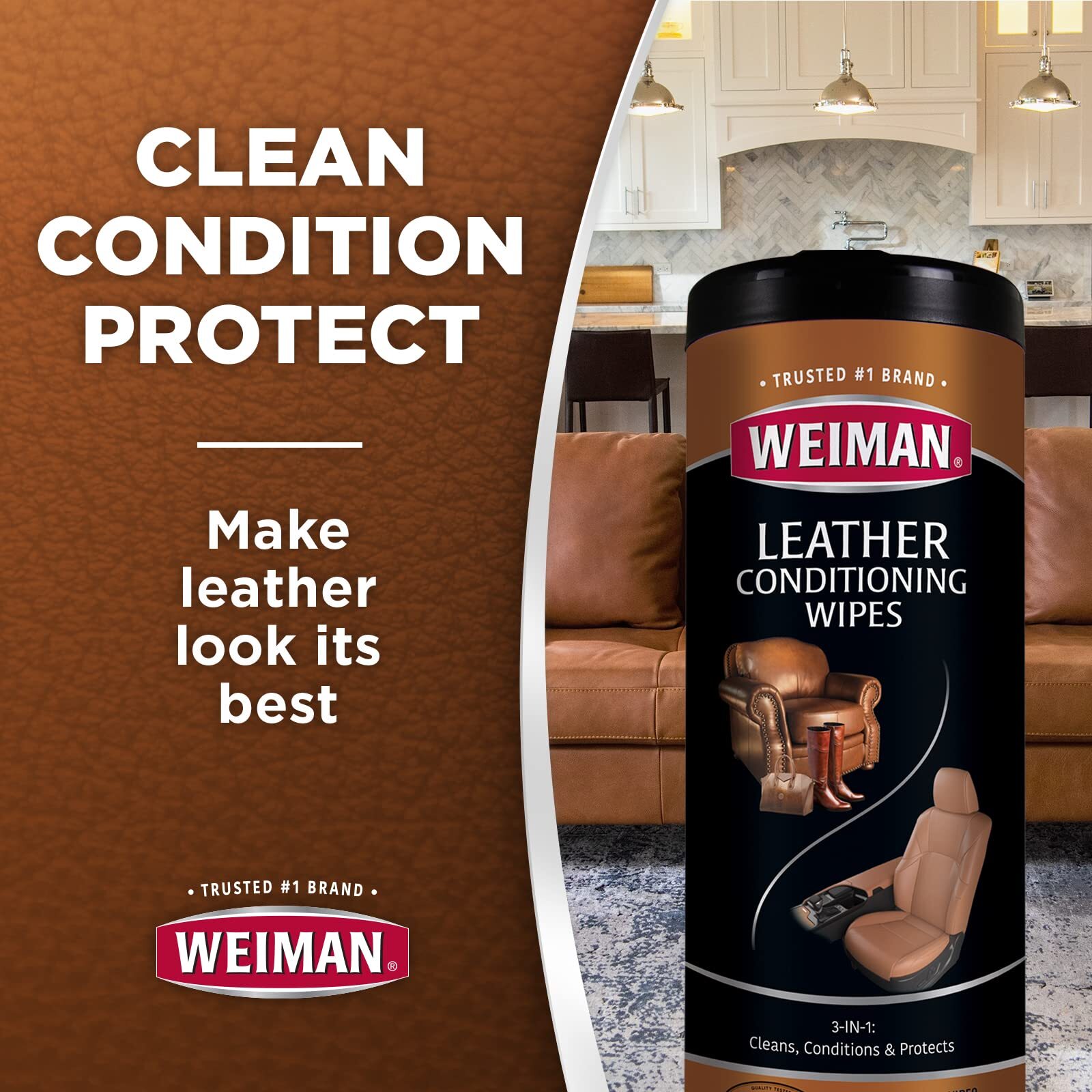 Weiman 120 Count Leather Cleaning Wipes Protects Cleans Moisturizes UV Shield