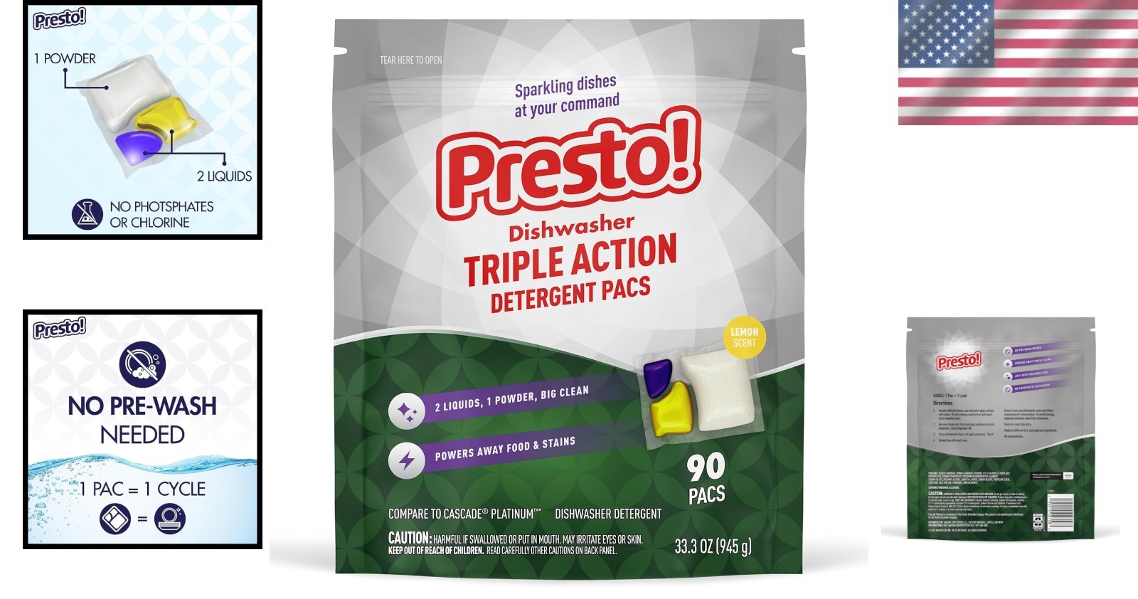 Presto Triple Action Dishwasher Pacs Lemon Scent 90 Count Fresh Scent Power