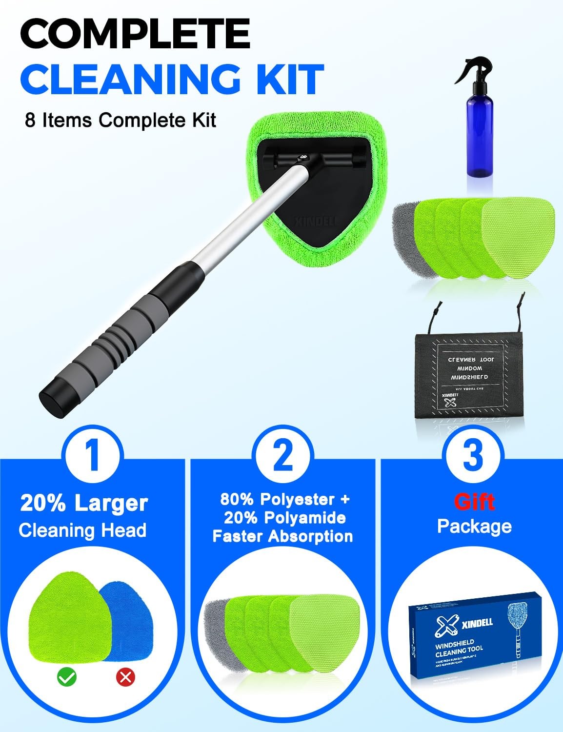 XINDELL Windshield Cleaner Tool – Car Interior Window Cleaning Kit with Extendab