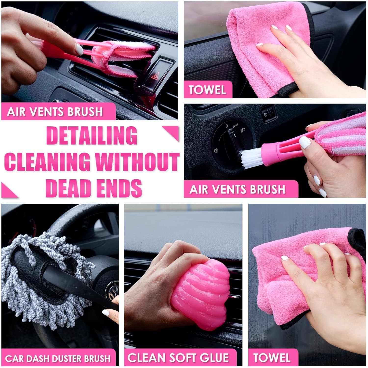 17pc Car Cleaning Kit with Handheld Vacuum and Interior Detailing Tools Pink