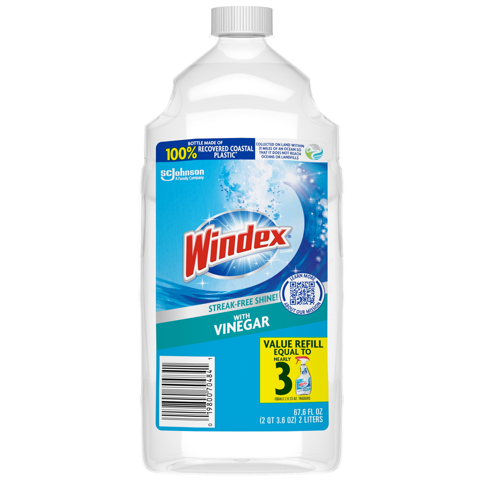 Windex with Vinegar Glass Window Cleaner, New Refill Bottle, 2 L
