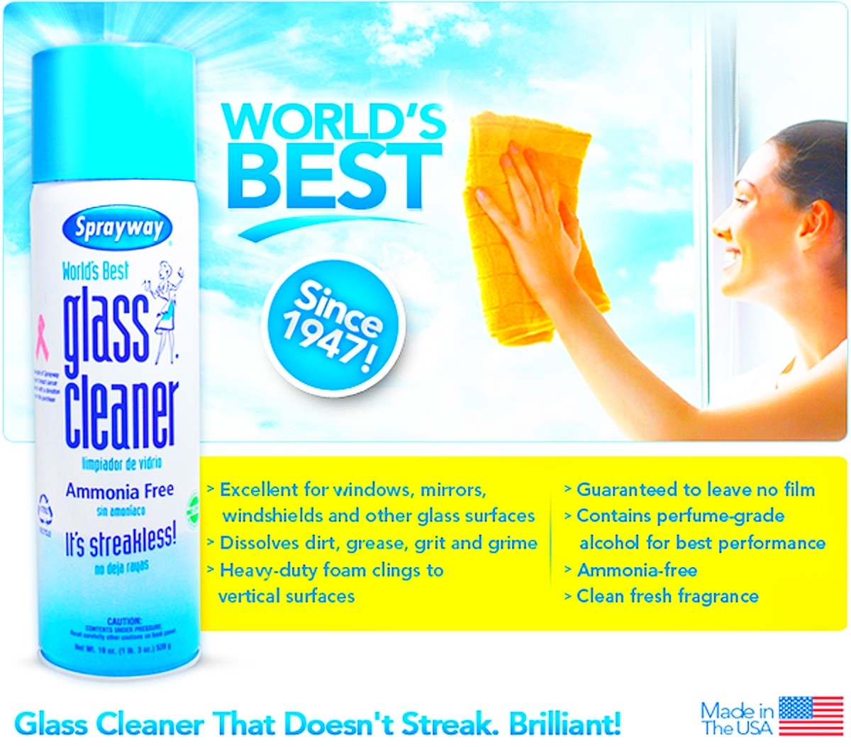 fOaMinG GLASS CLEANER Aerosol spraY FOAM 19oz ammonia free clean SprayWay Sw050r