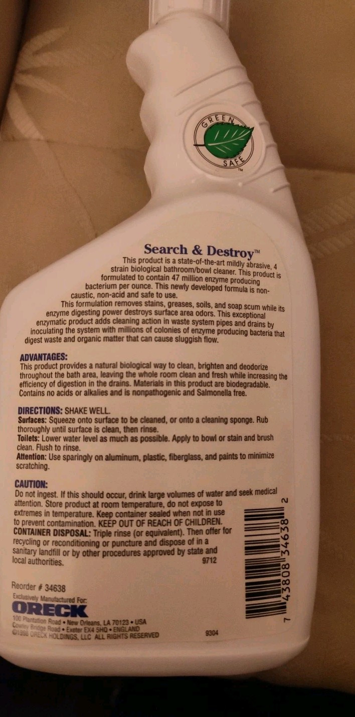 Oreck Search And Destroy Enzyme Bath Cleaner 1 Quart Institutional Size